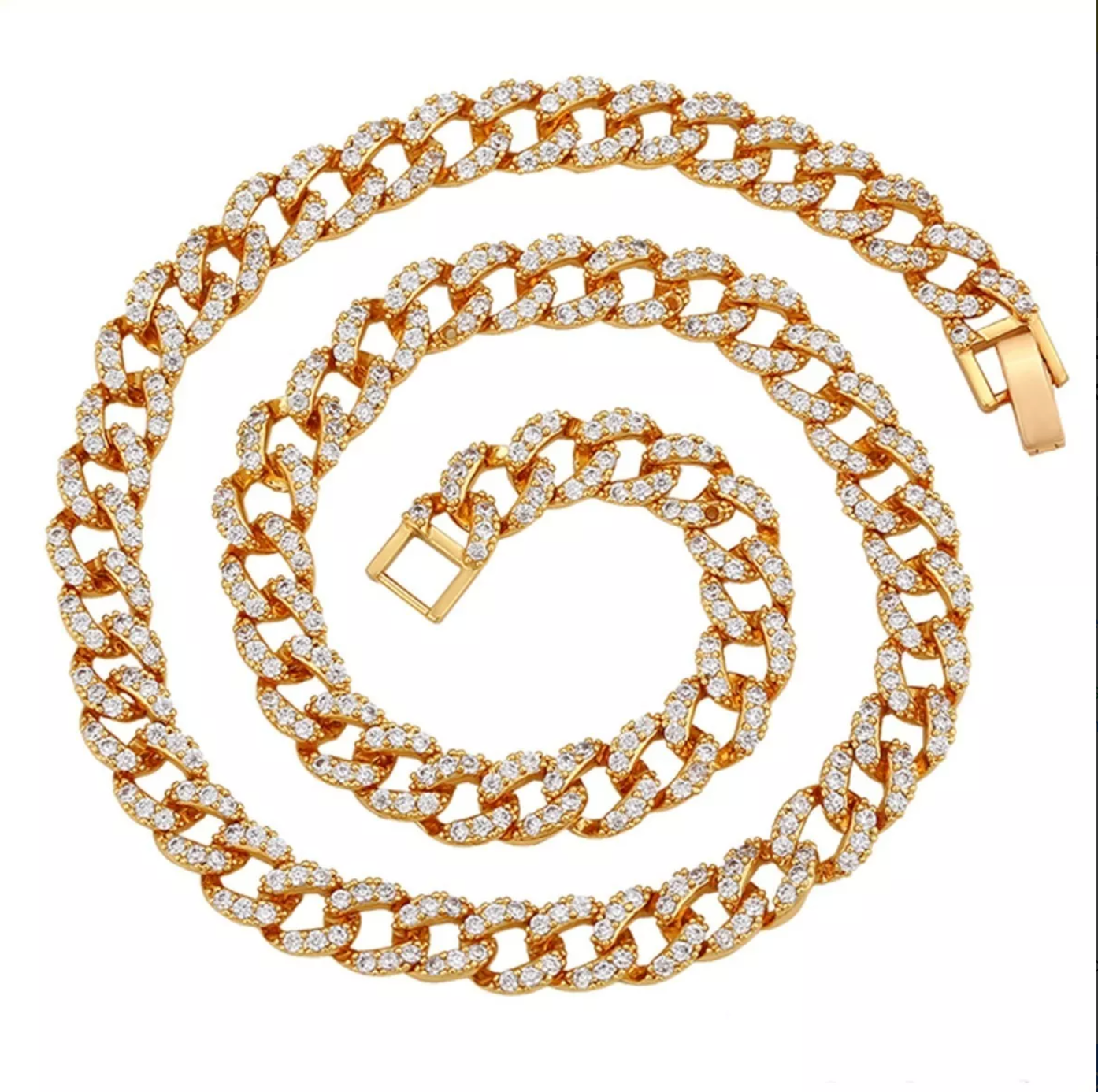 Cadena Barbada Cubana Diamantada Con Finos Cristales En Oro Laminada 18k