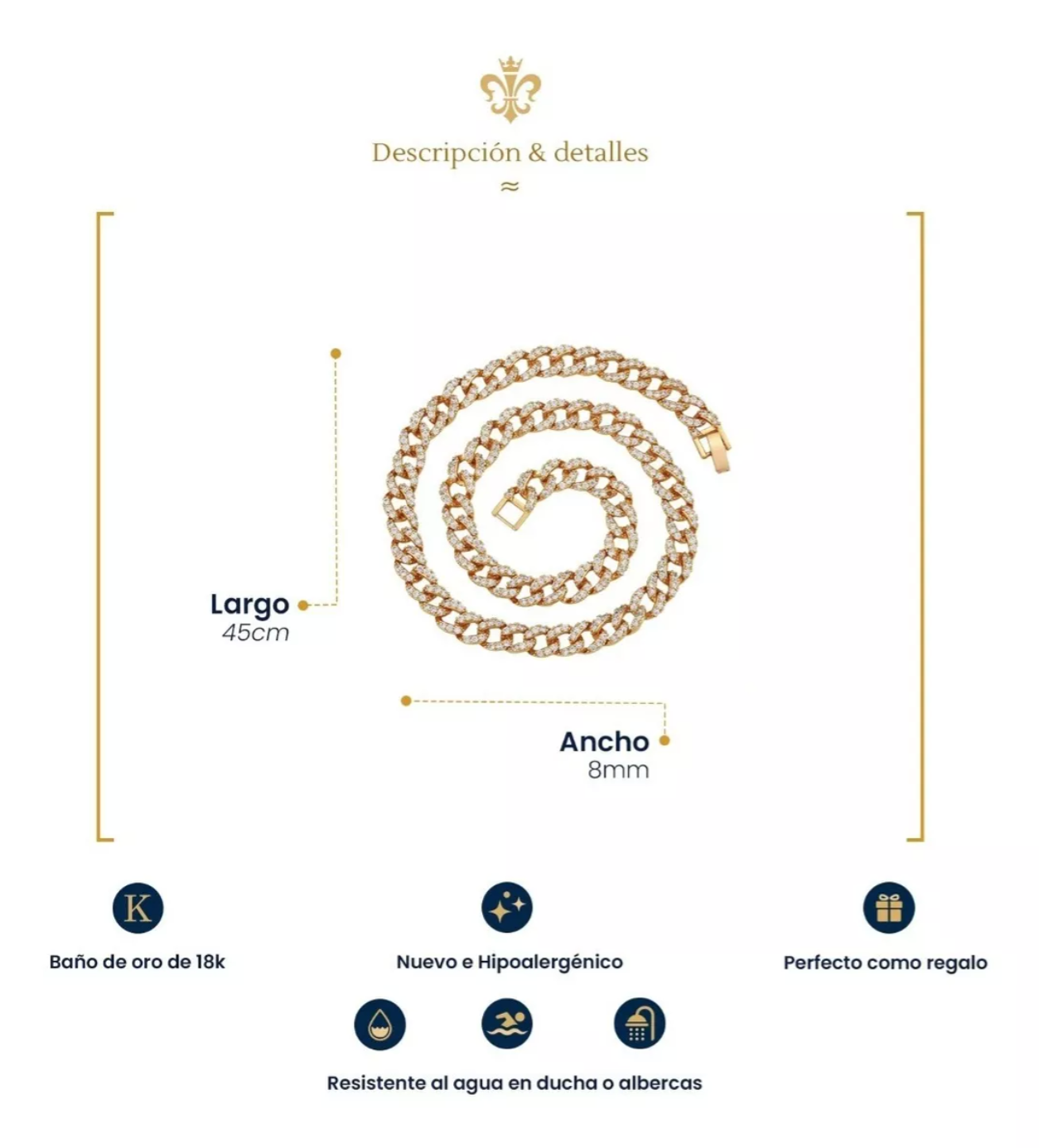 Cadena Barbada Cubana Diamantada Con Finos Cristales En Oro Laminada 18k