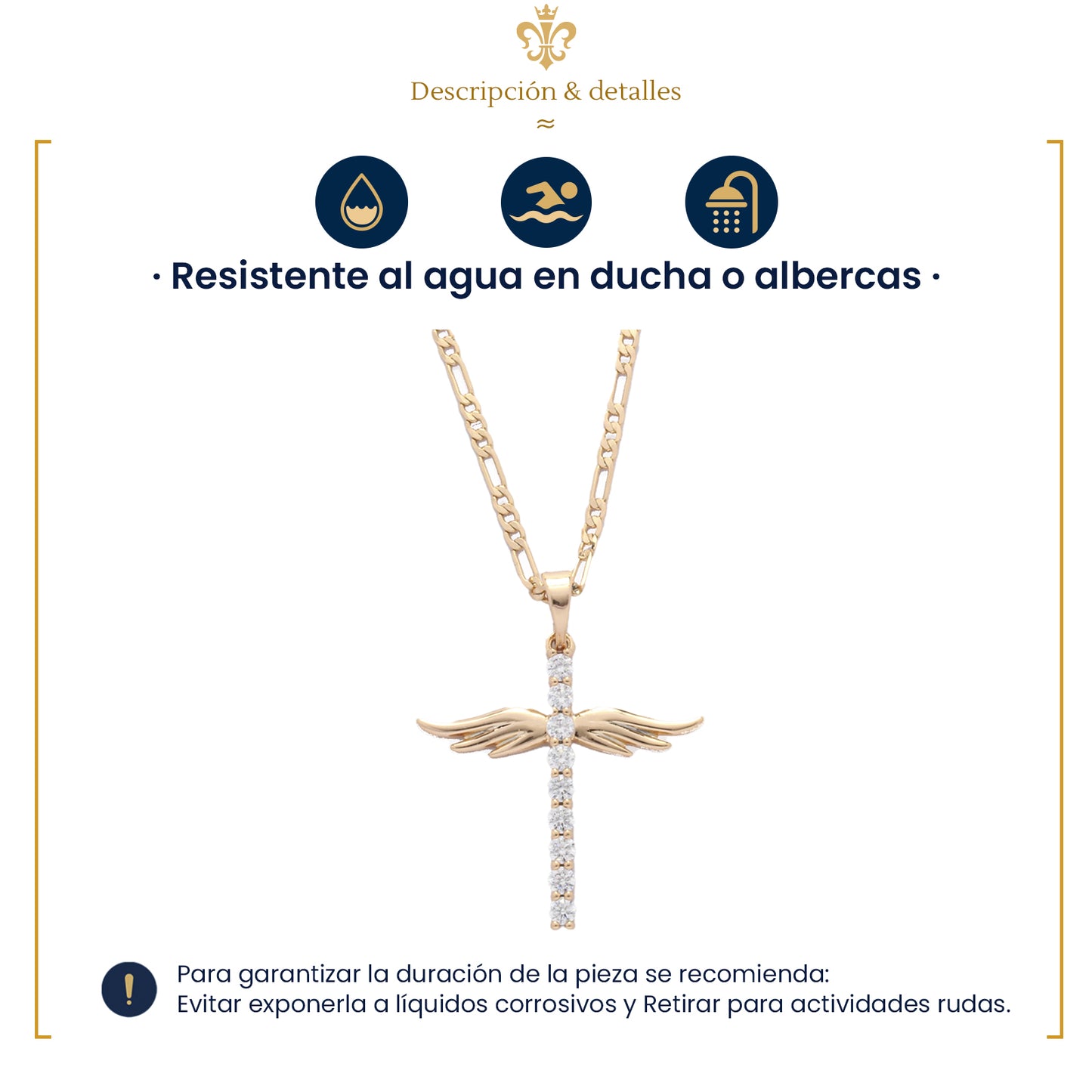 collar dije de cruz con alas de angel y cristales brillantes para mujer en oro laminado 18k
