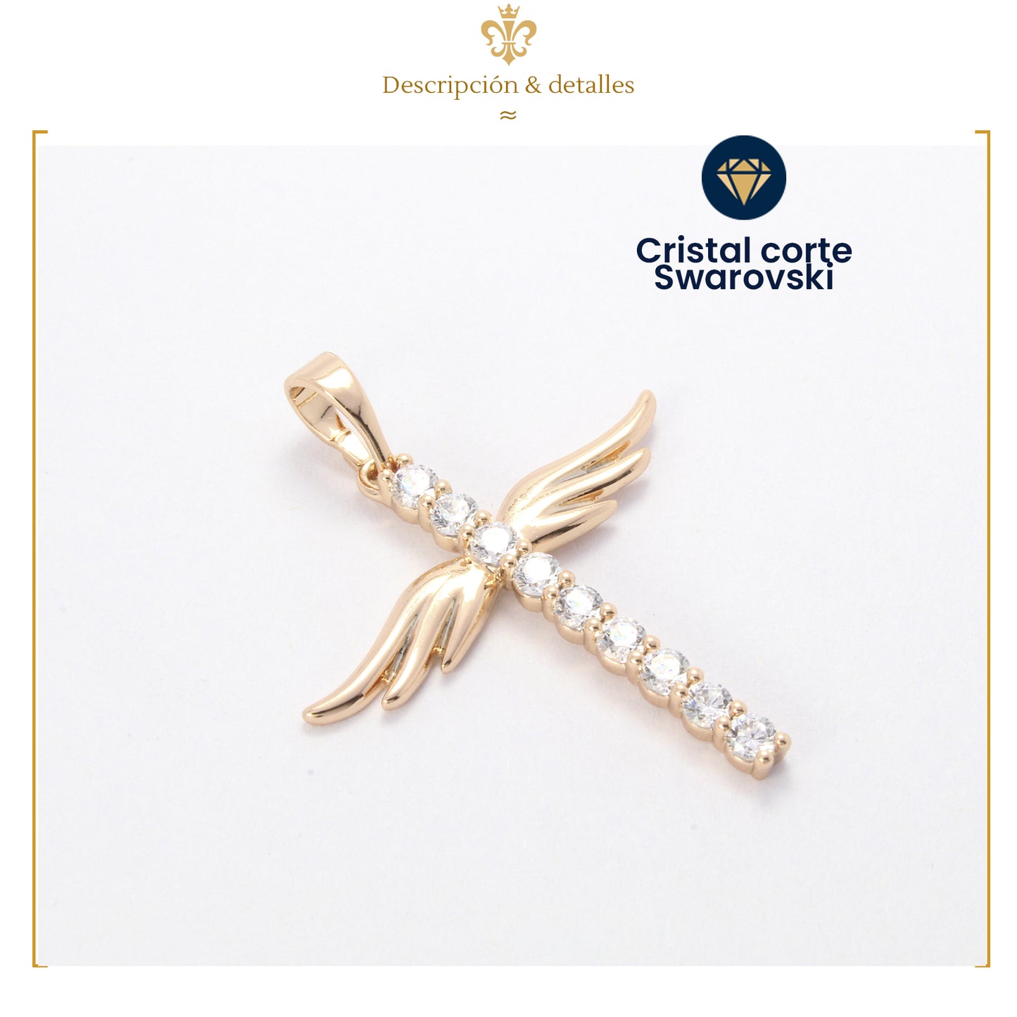 collar dije de cruz con alas de angel y cristales brillantes para mujer en oro laminado 18k