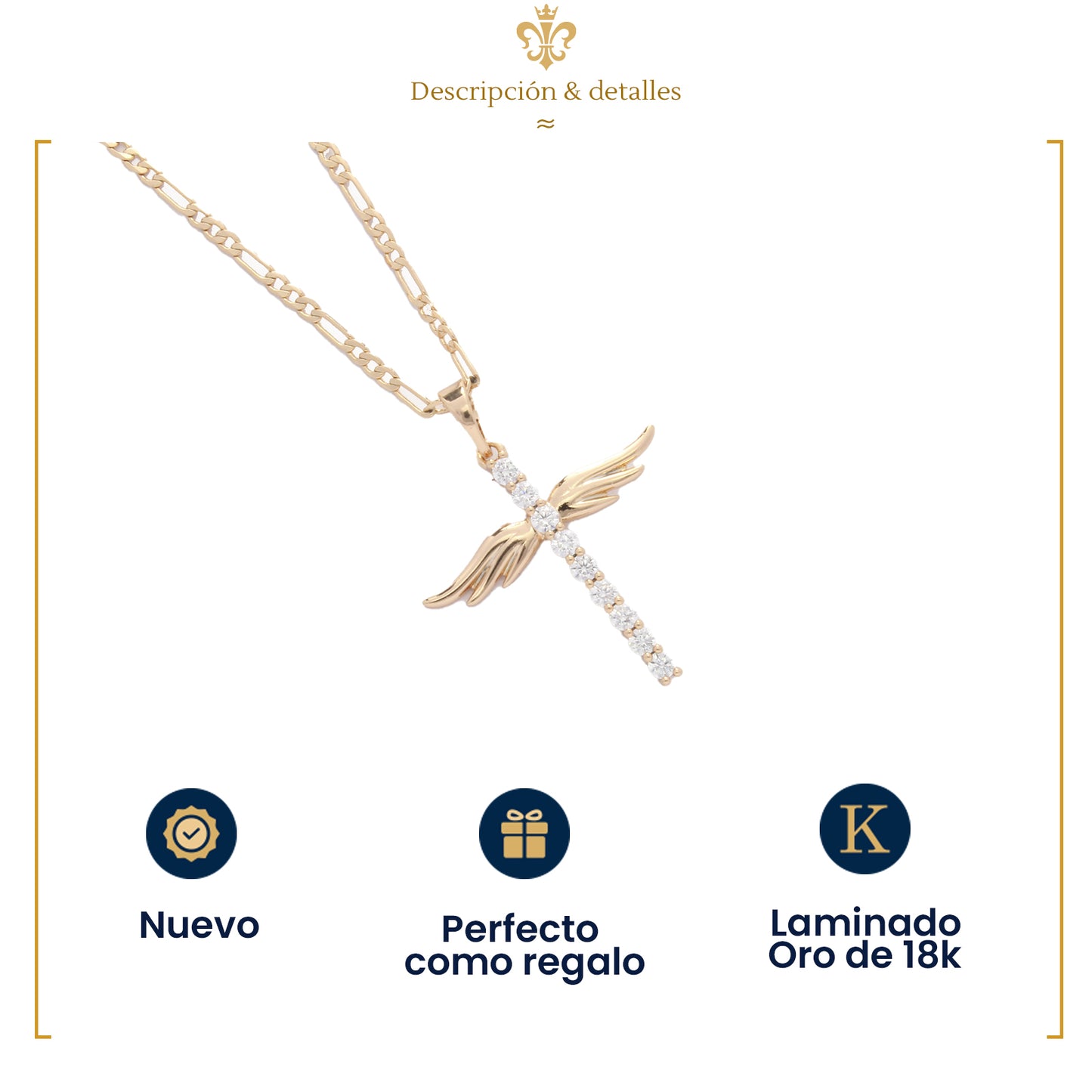 collar dije de cruz con alas de angel y cristales brillantes para mujer en oro laminado 18k