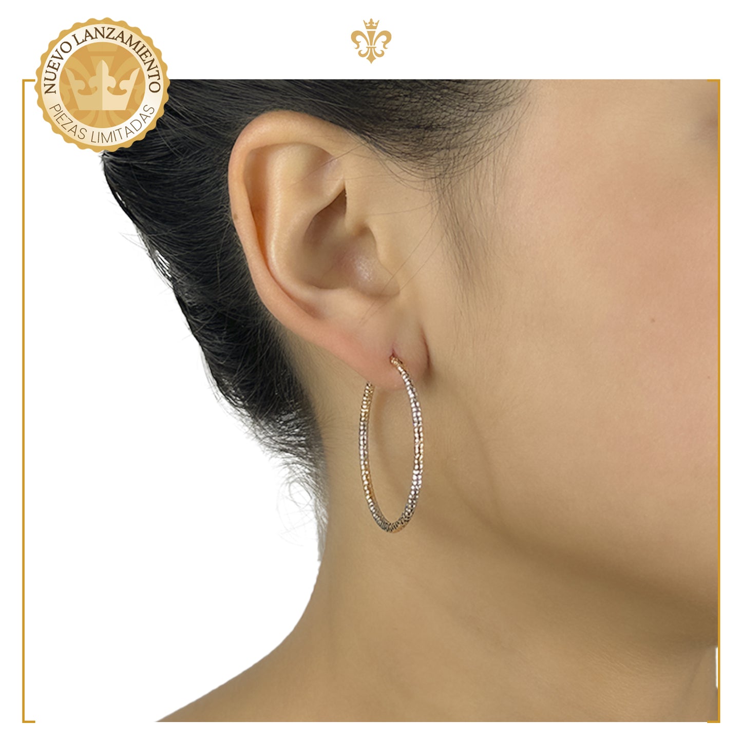 Arracadas Bicolor Medianas Diamantadas Para Mujer En Oro Laminado