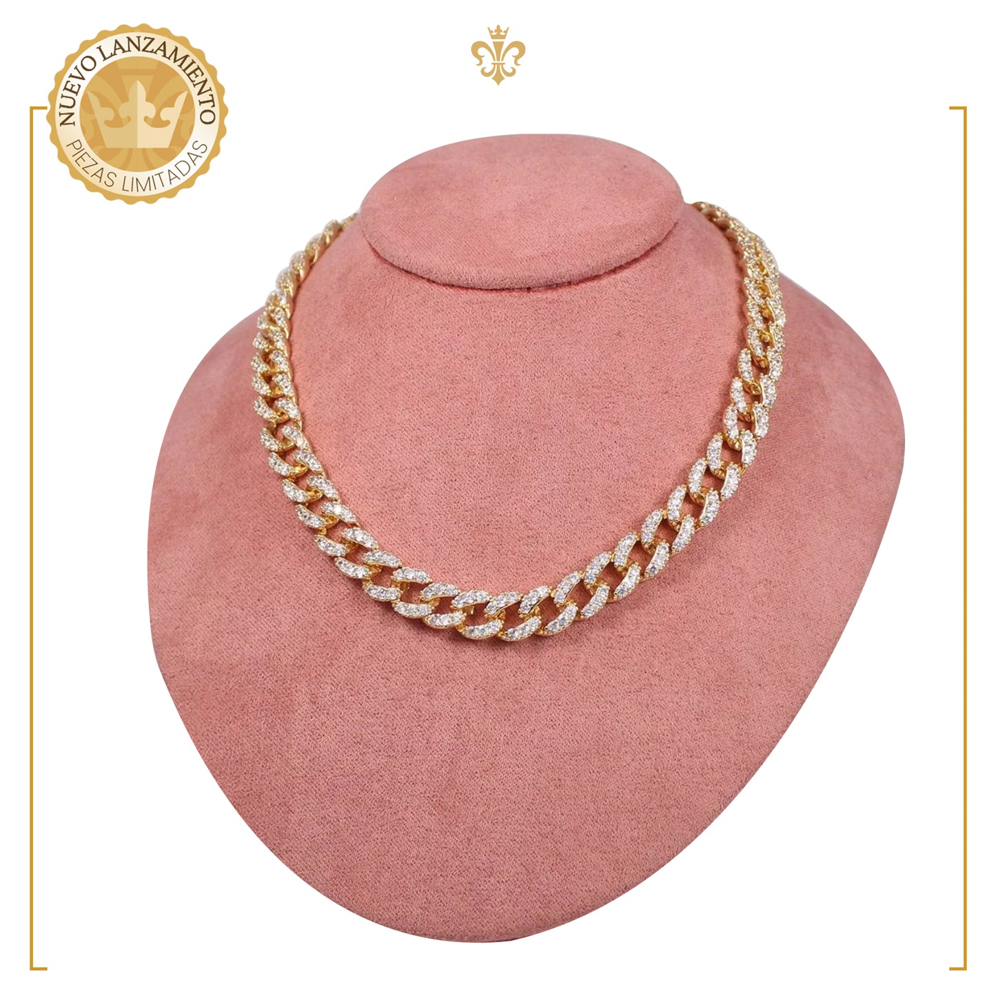 Cadena Barbada Cubana Diamantada Con Finos Cristales En Oro Laminada 18k