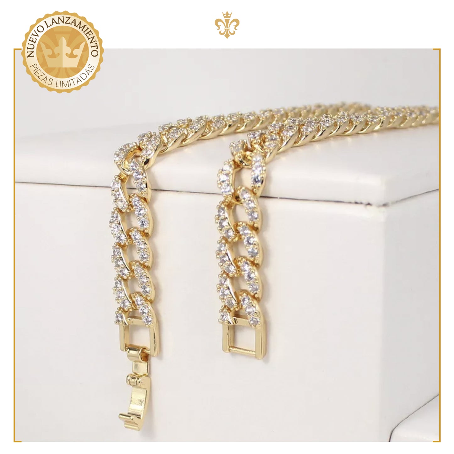 Cadena Barbada Cubana Diamantada Con Finos Cristales En Oro Laminada 18k