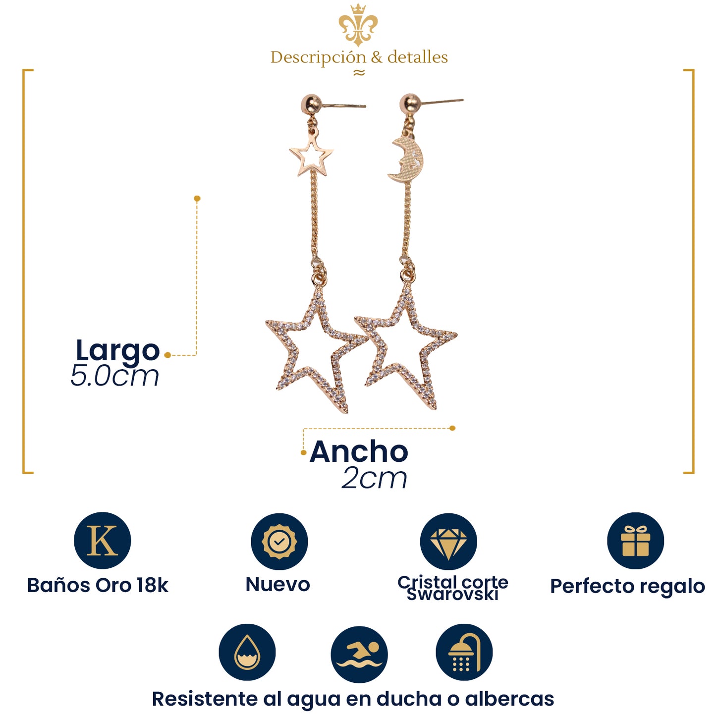 Aretes Broqueles Largos De Estrella Con Cristales En Oro Laminado