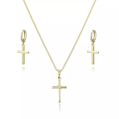 collar y aretes de cruz lisa pequeñas con cadena delgada para niños en oro 14k laminado