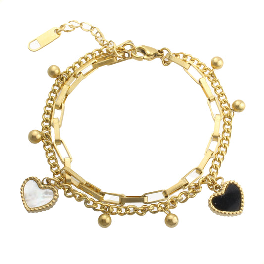 Pulsera De Acero Inoxidable Con Dije Doble Corazón Con Cristal Madre Perla