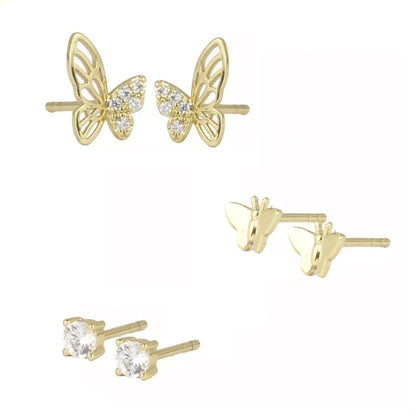 Juego Triple De Pendientes Mariposa Broqueles Con Diamantes