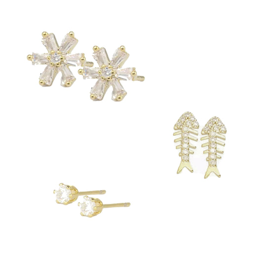 Juego De Aretes Broqueles En Forma De Flor Y Pez En Oro 14K Laminado Para Dama Y Niña