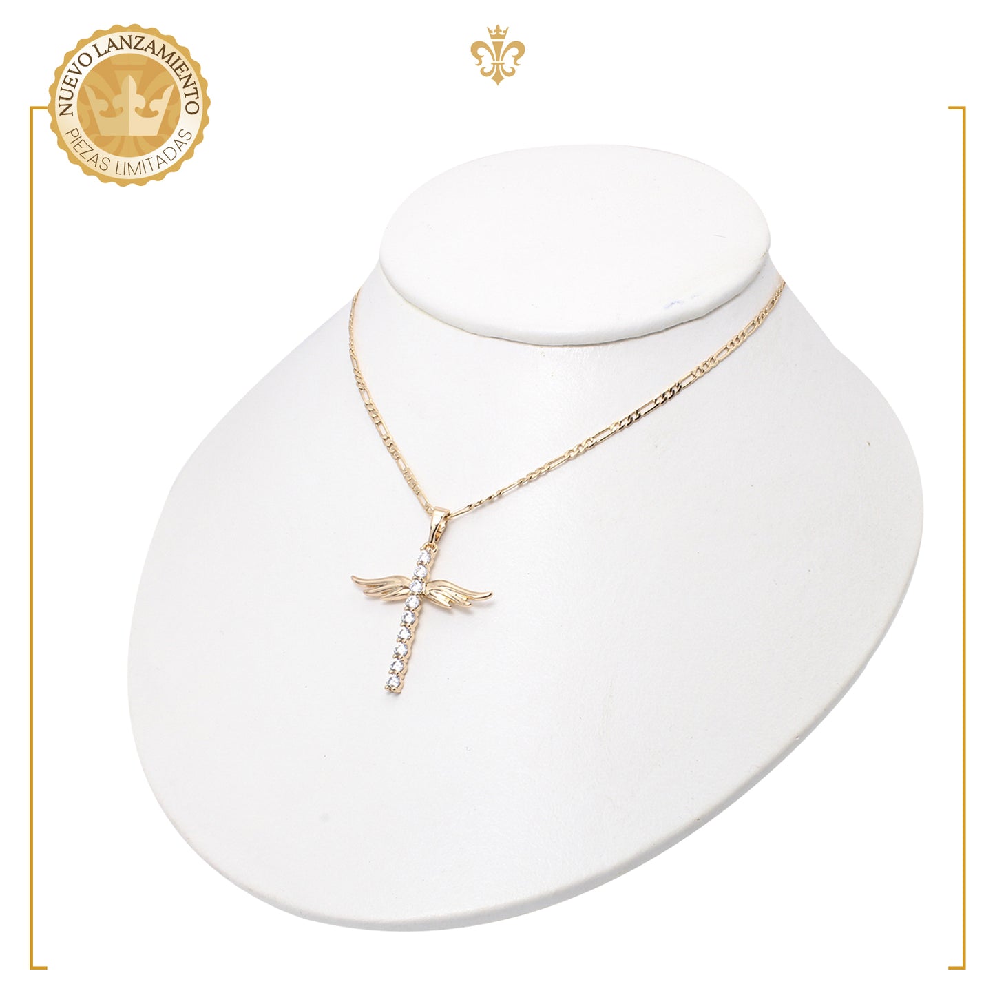 collar dije de cruz con alas de angel  y cristales brillantes para mujer en oro laminado 18k