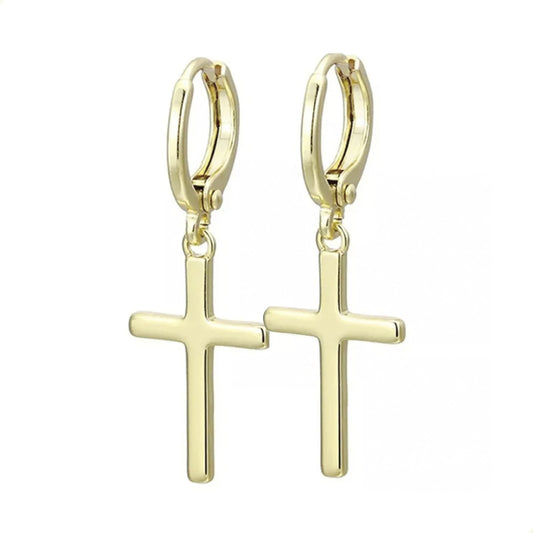 aretes pendientes colgantes de cruz lisos en oro laminado estilo unisex