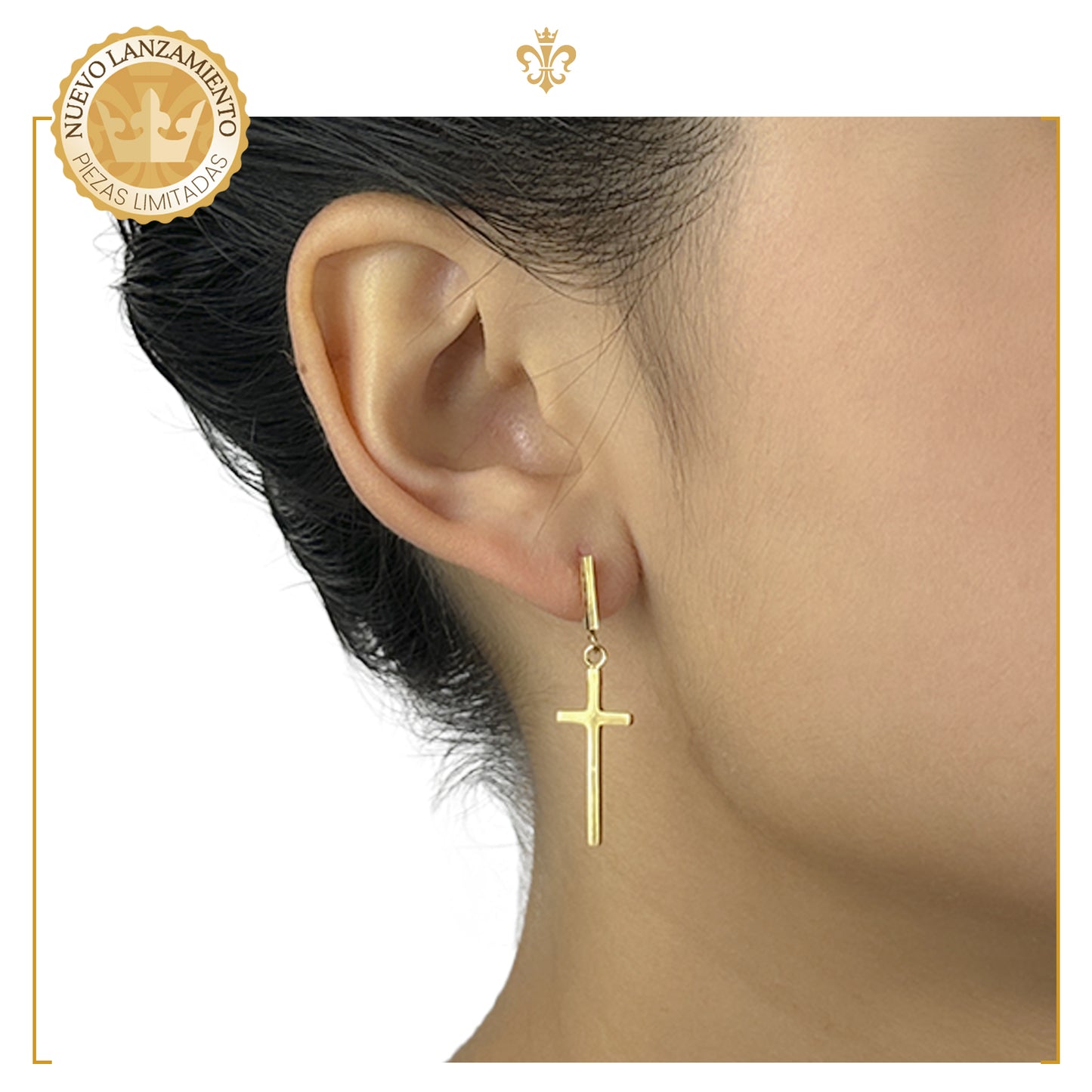 Aretes broquel de cruz colgante liso efecto espejo estilo unisex en oro laminado