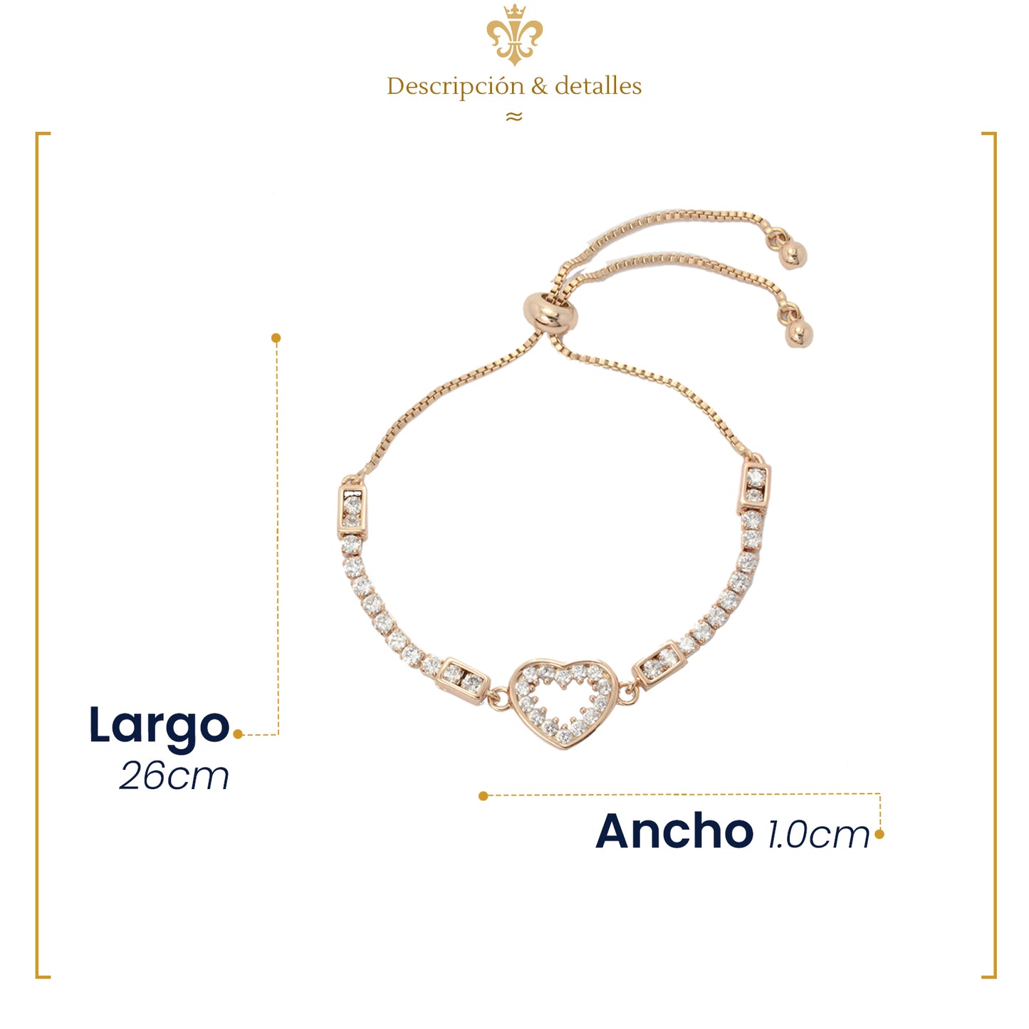 Pulsera Esclava Corazón Para Mujer Ajustable De Oro Laminado 18k Con Cristales