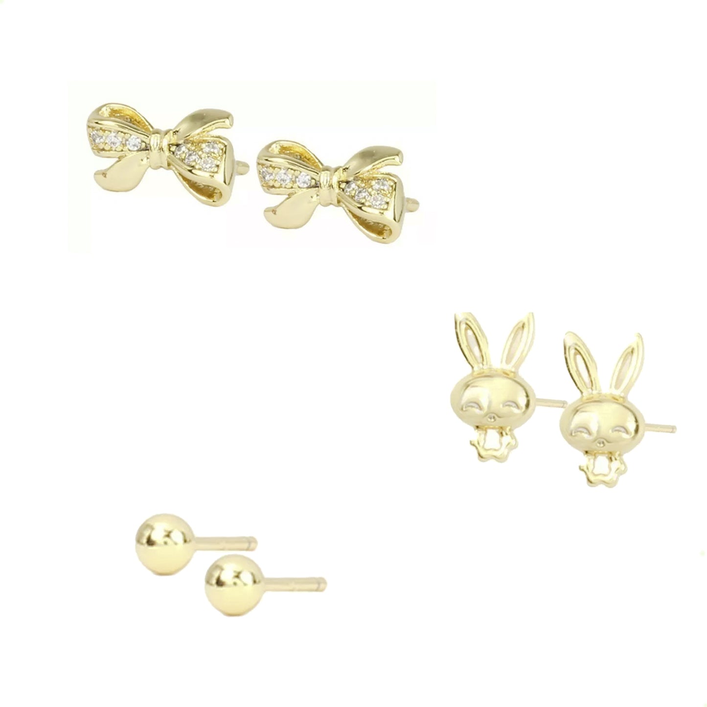 Juego De Aretes Broqueles De Conejo Moño Bolita Diamantado En Oro 14K Laminado