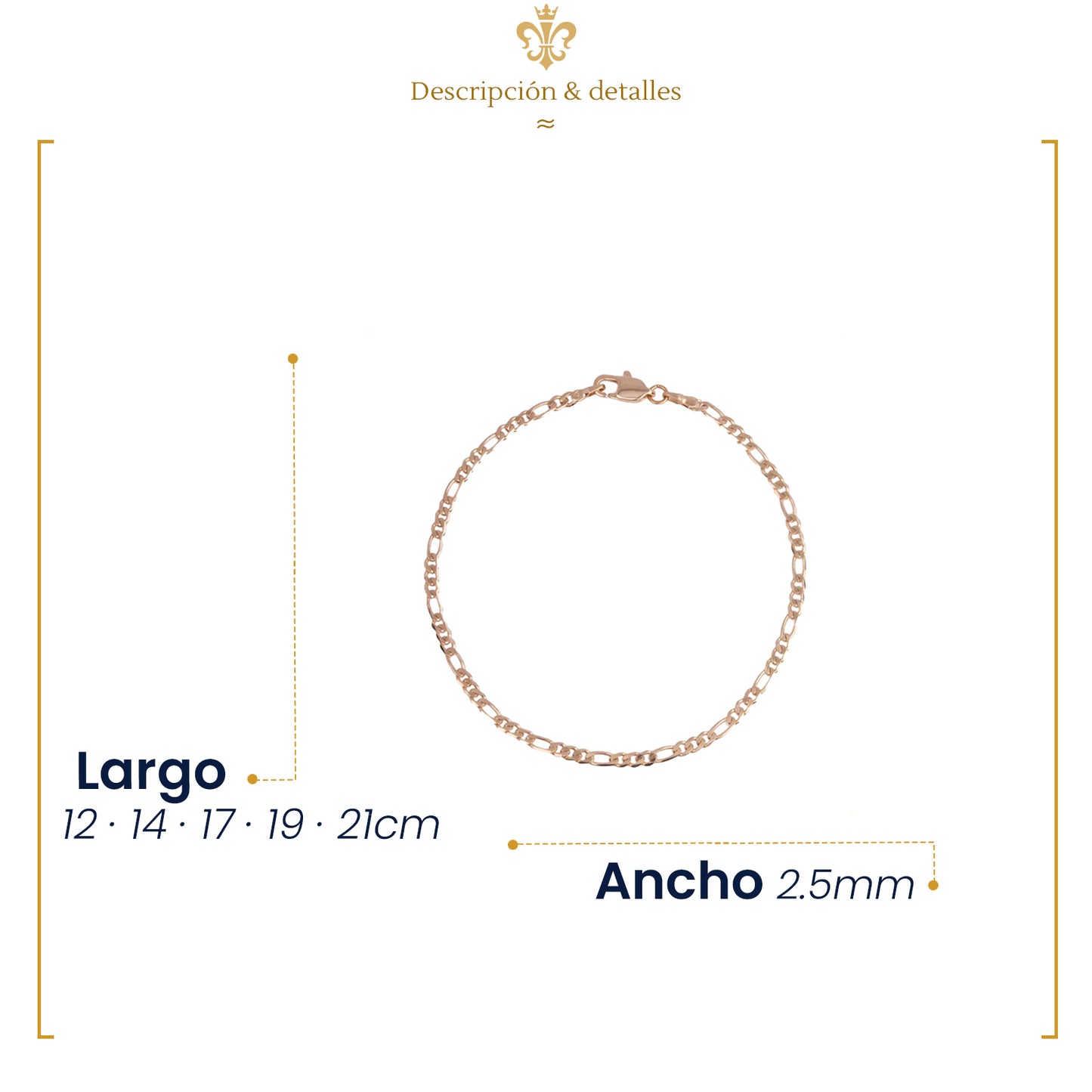 IMPERO JEWELRY Pulsera Figaro Discreta Unisex De Oro Laminado 18k 2.5mm