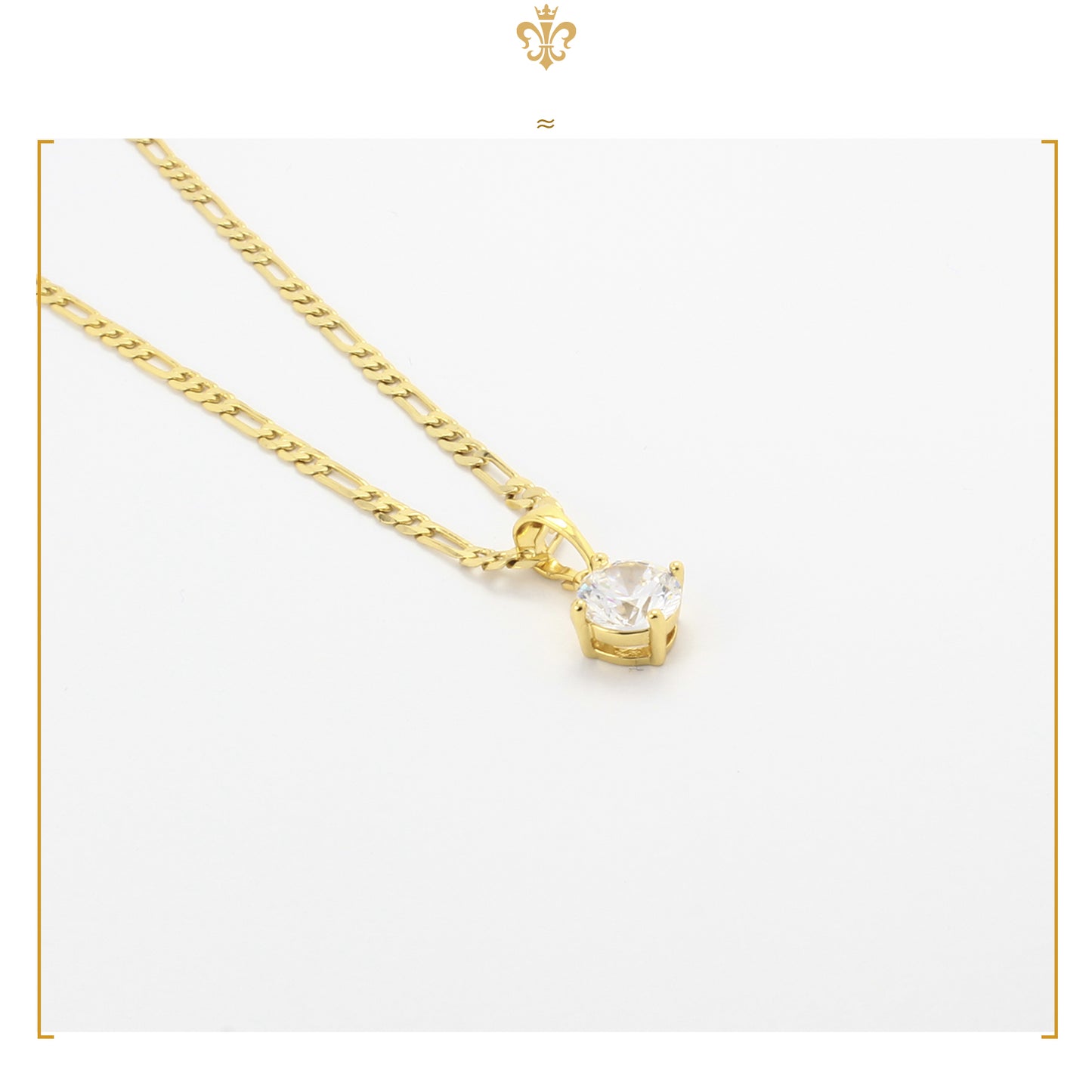 cadena tipo figaro con dije solitario de cristal diamante en oro laminado 24k para mujer