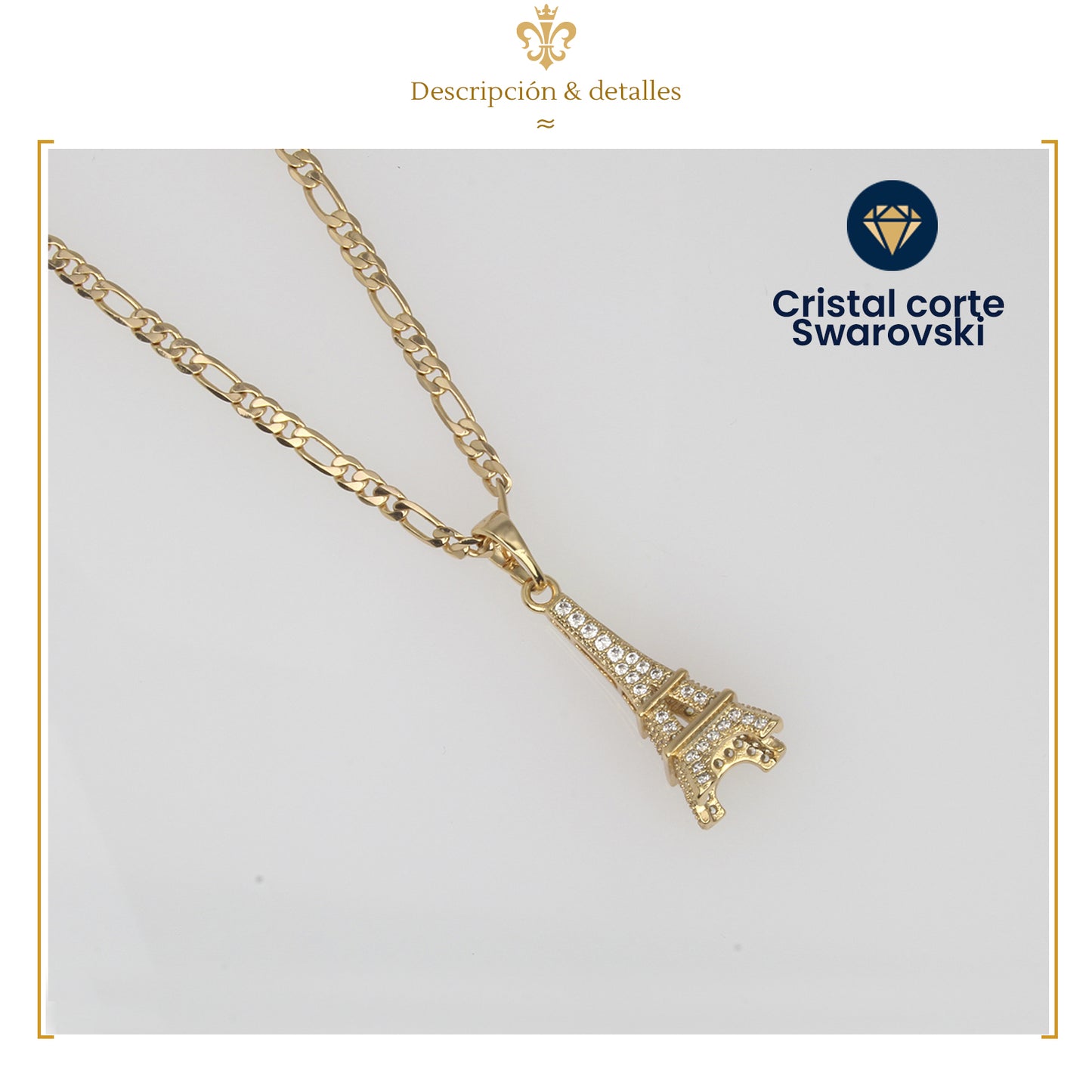 collar para mujer con dije de paris y cadena estilo figaro delgada en oro laminado