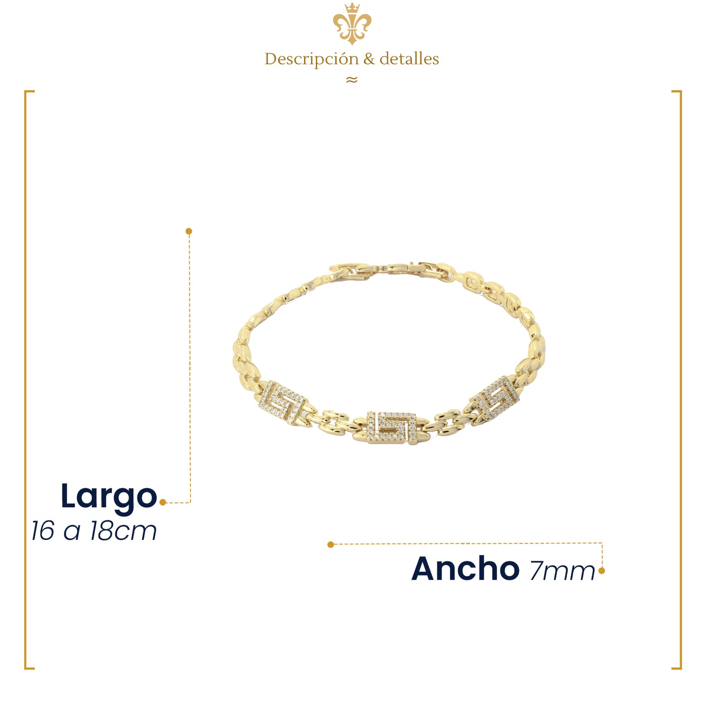 Esclava Pulsera De Placa con Grecas Diamantadas Para Mujer En Oro Laminado 14K