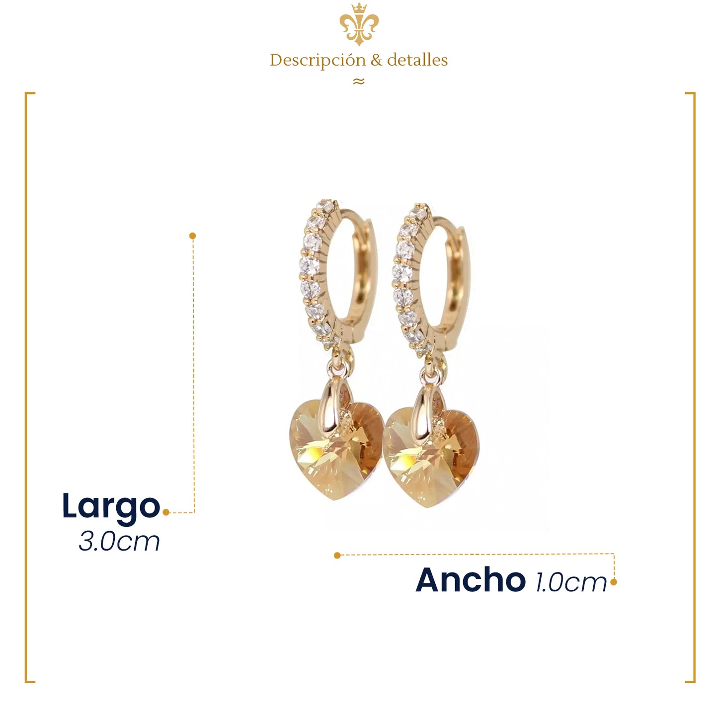 Aretes Arracaditas De Corazón Diamante Con Cristales Oro Laminado 18k