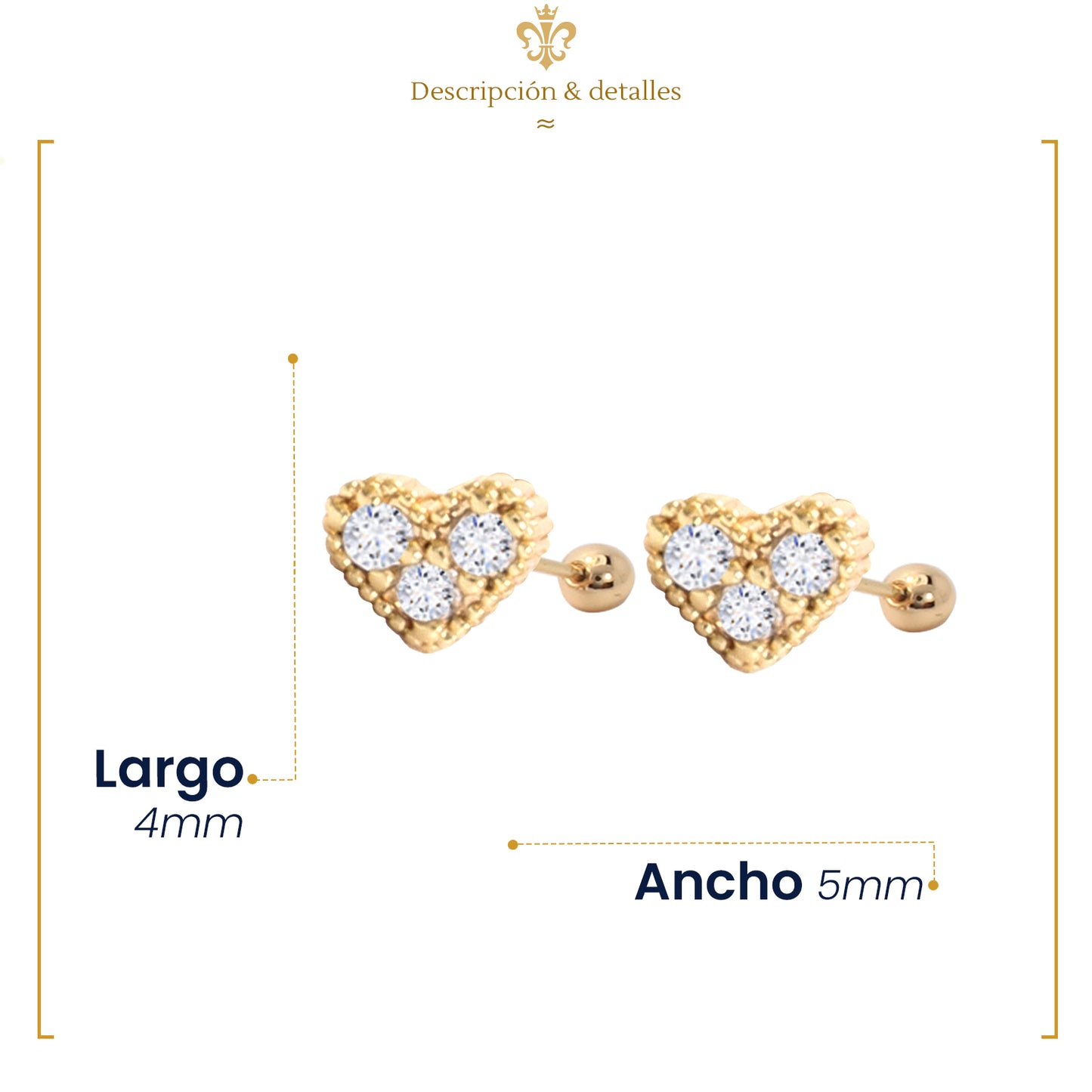 Aretes Corazón Broqueles De Bolita Con Cristales Oro Lam 18k