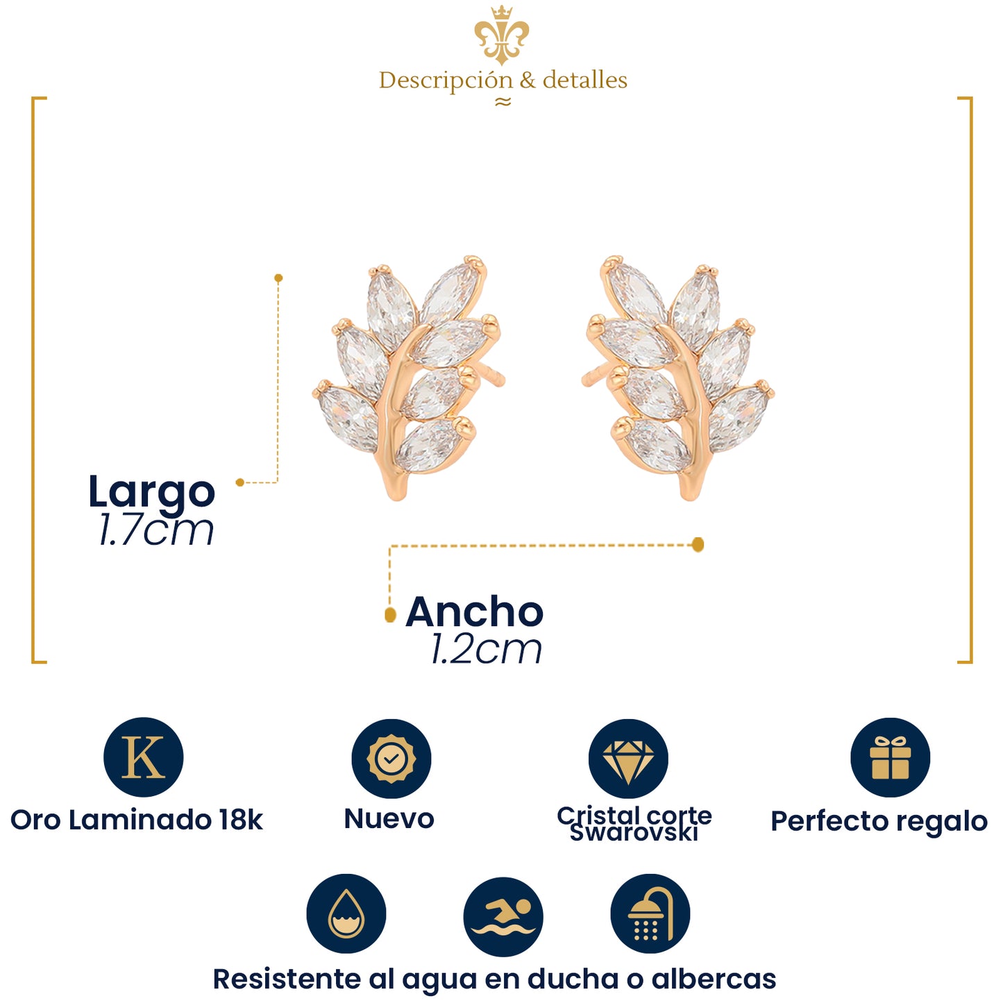 Aretes En Forma De Elecho Con Cristales En Oro Lamiando Para Mujer