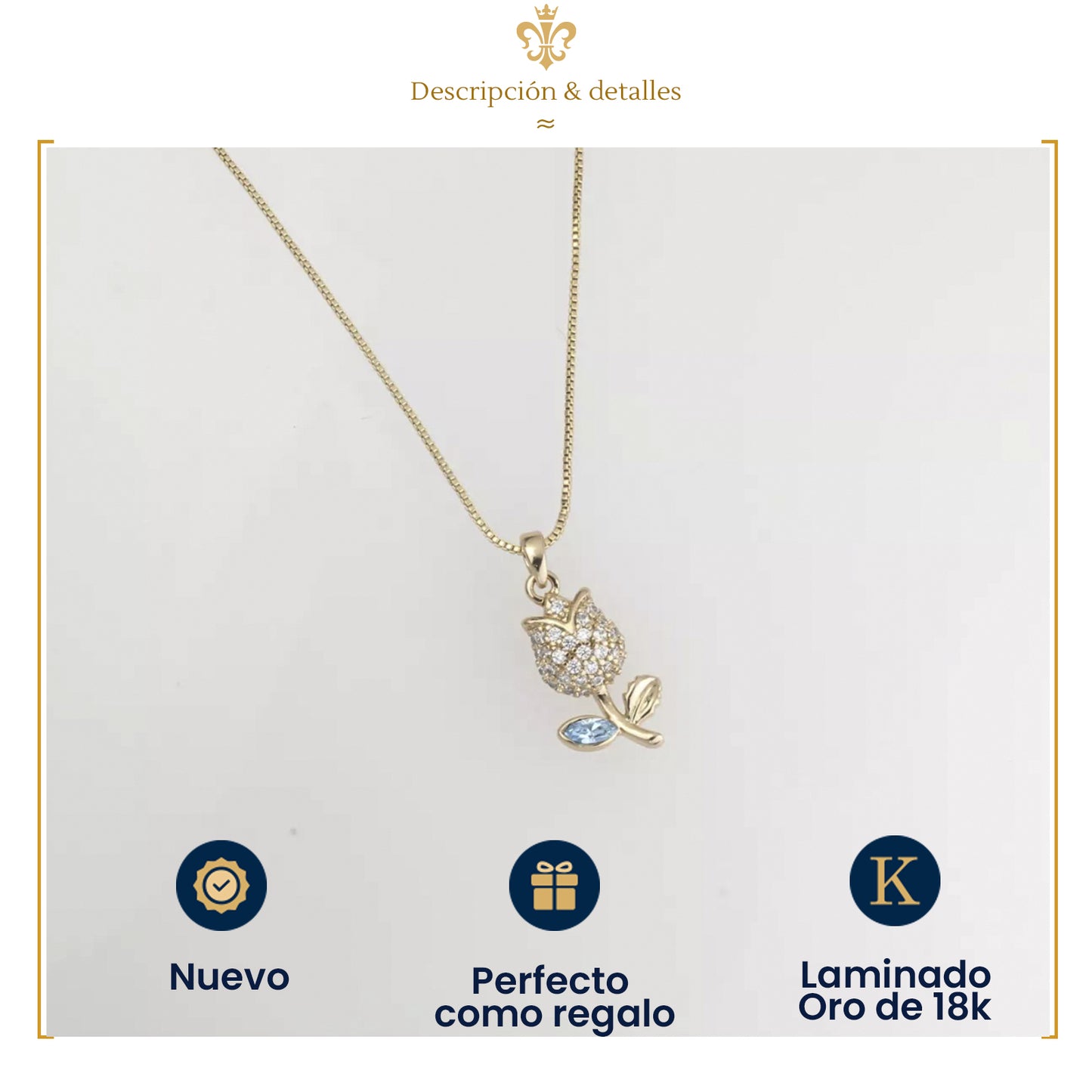 collar de tulipan hoja azul elegante pequeño con cristales en oro laminado para mujer o niña