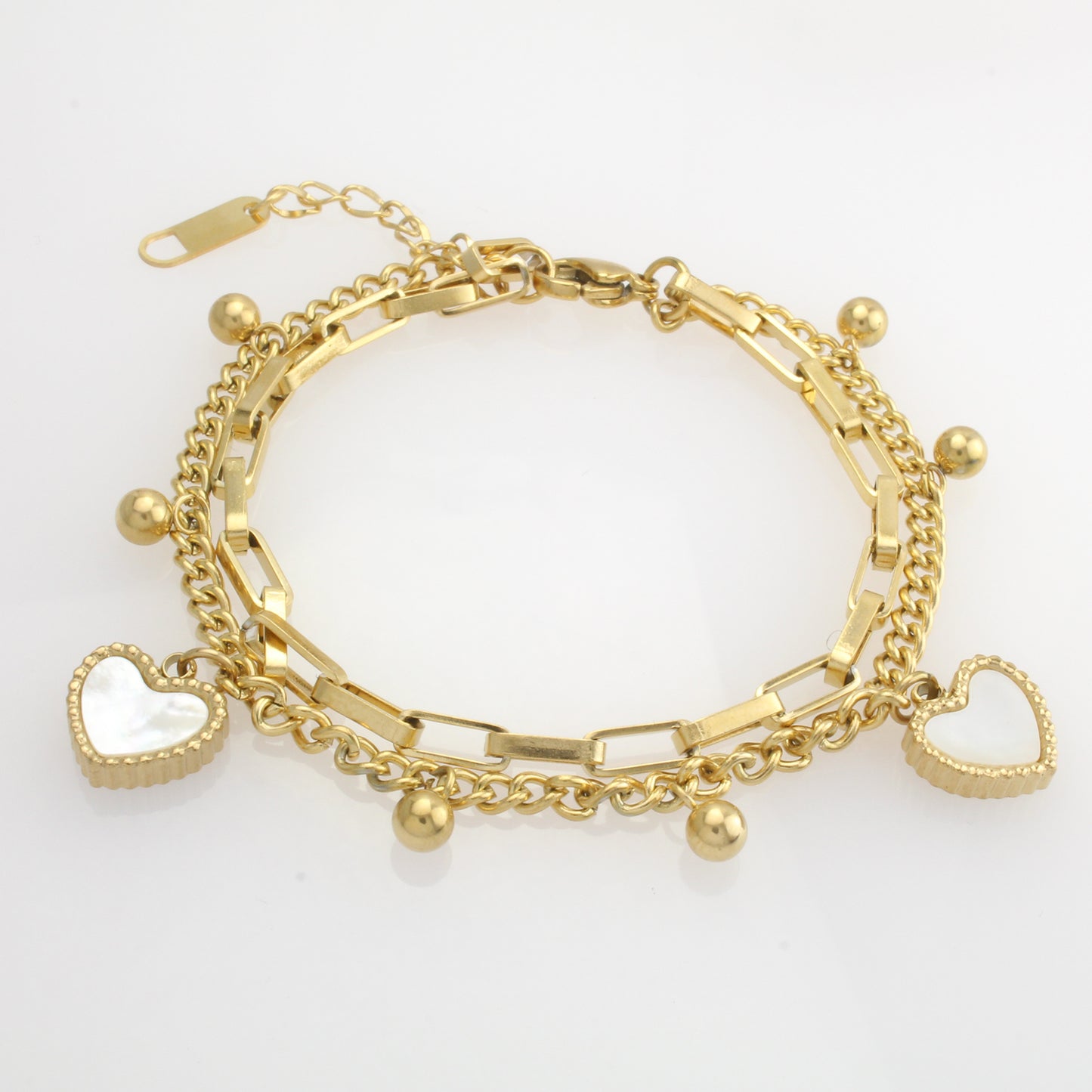 Pulsera De Acero Inoxidable Con Dije Doble Corazón Con Cristal Madre Perla