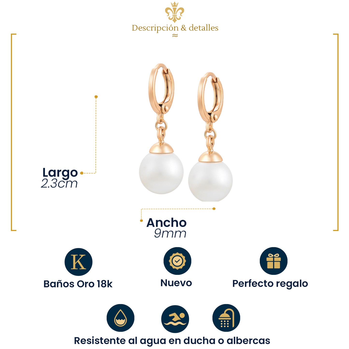 aretes largos colgantes con perlas finas para mujer en oro laminado 18k