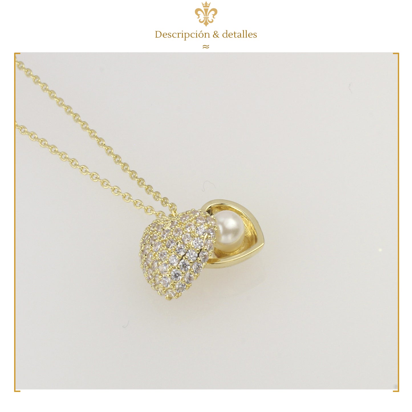 Collar Con Dije De Corazón Diamantado Con Perla Para Mujer En Oro Laminado 14k