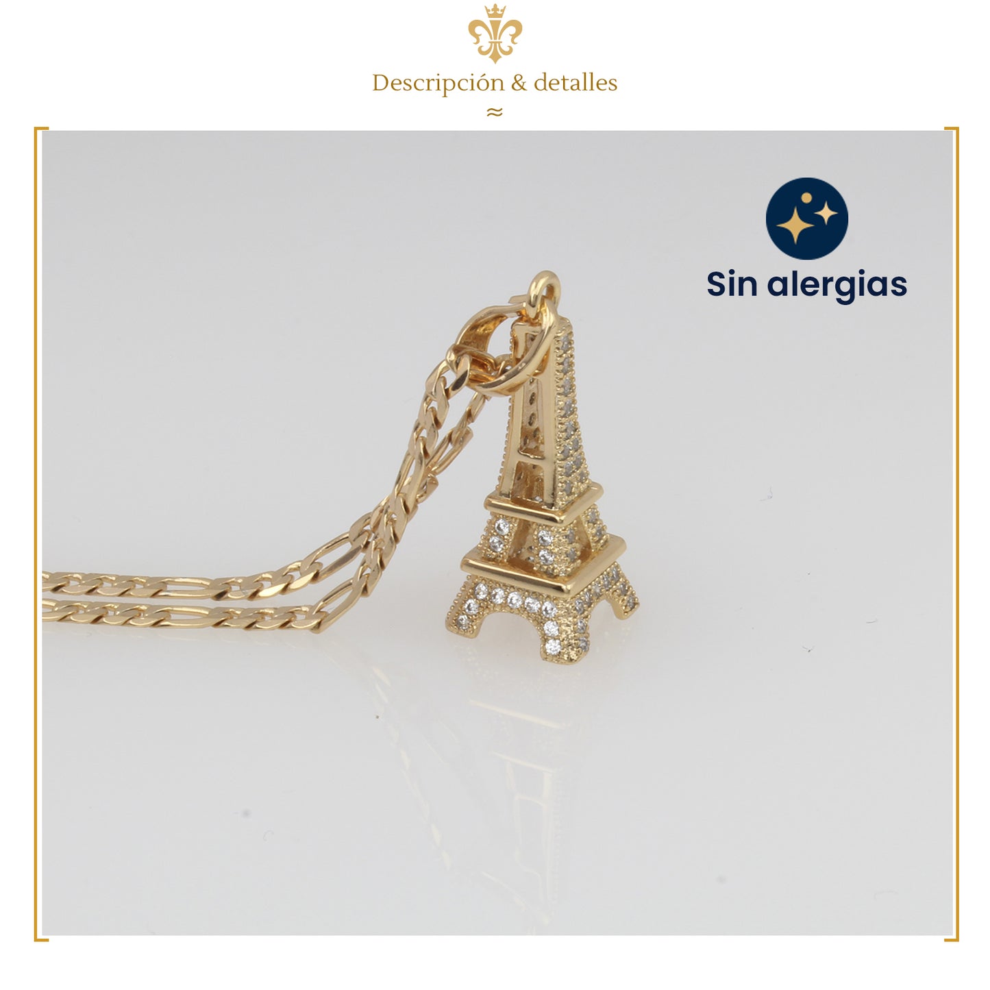 collar para mujer con dije de paris y cadena estilo figaro delgada en oro laminado