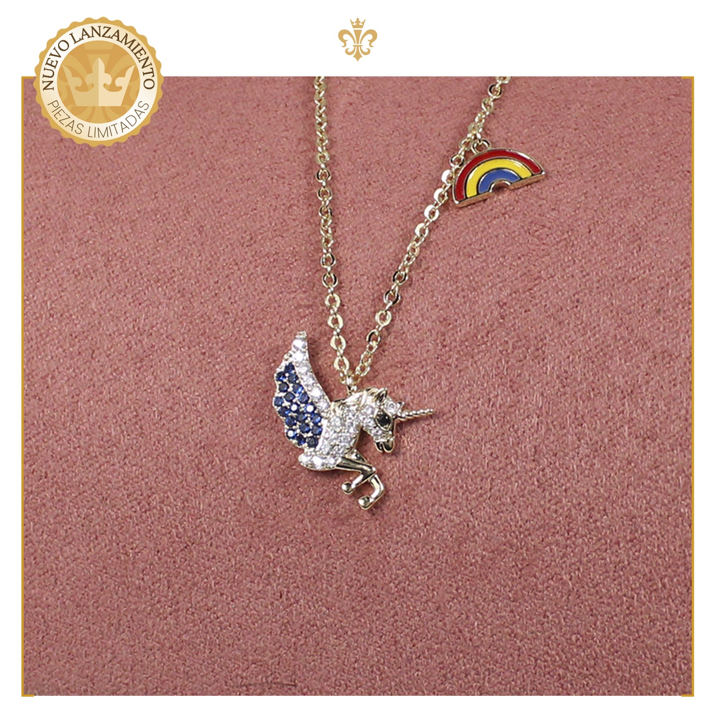 Collar con Dije De Unicornio Con Cristales Y Arcoiris unisex Oro Laminado 14k