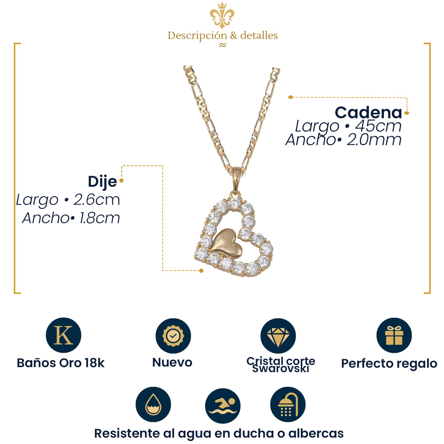 Collar Mujer Elegante Dorado Dije Corazón Liso Cristal 18k