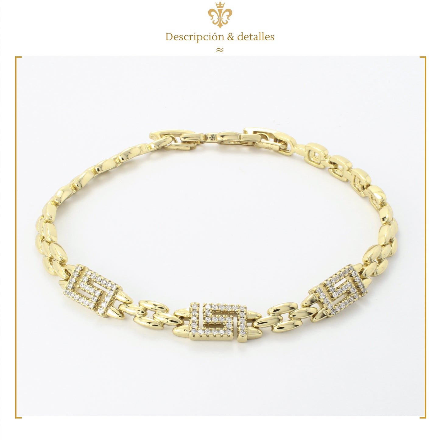 Esclava Pulsera De Placa con Grecas Diamantadas Para Mujer En Oro Laminado 14K