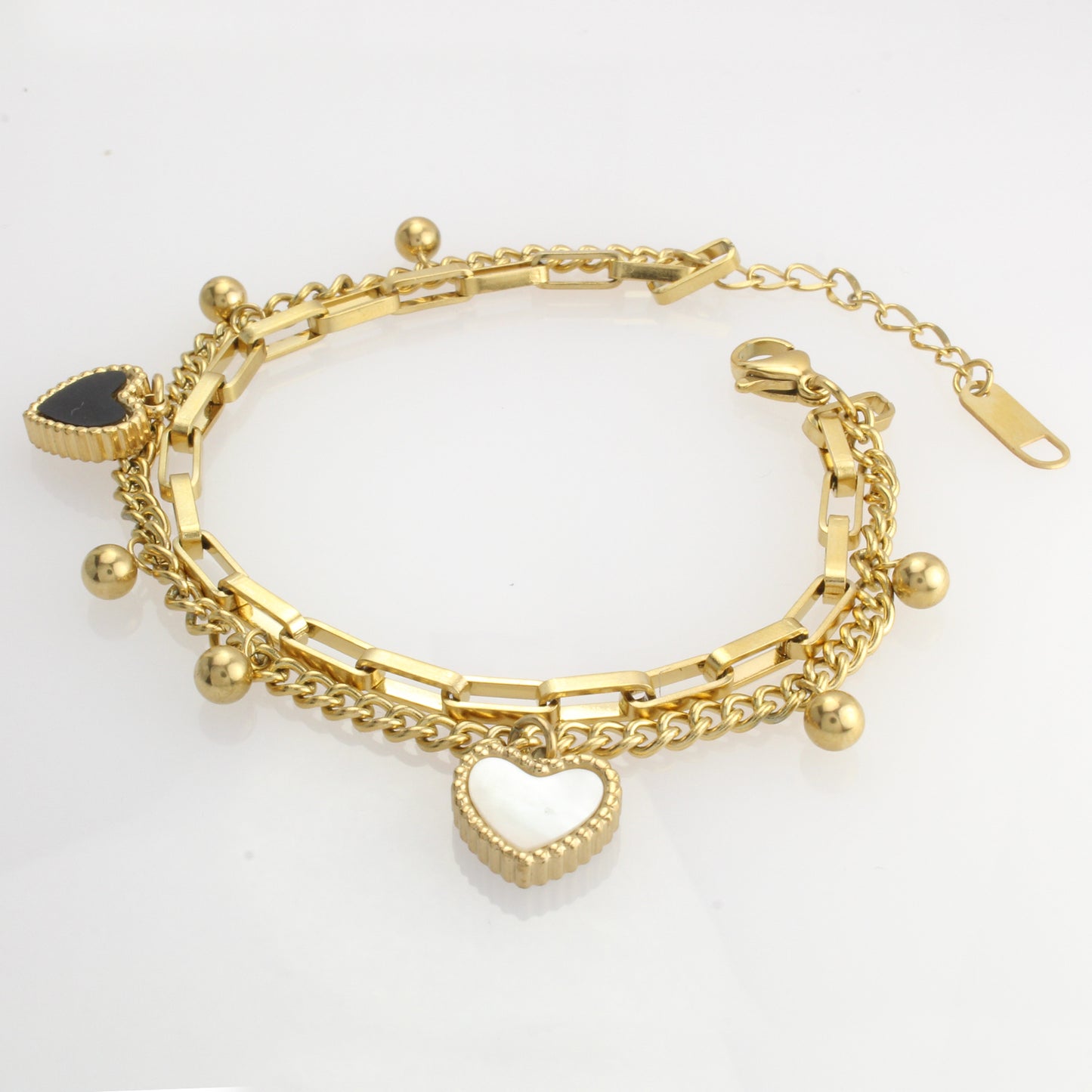 Pulsera De Acero Inoxidable Con Dije Doble Corazón Con Cristal Madre Perla