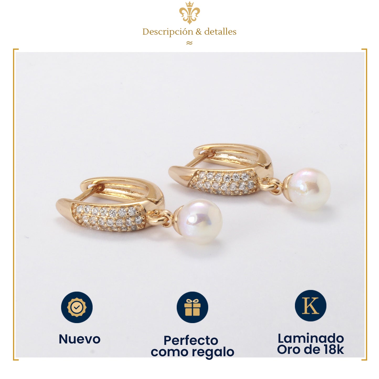 Aretes Huggies De Perlas Colgantes Laminado En Oro 18k