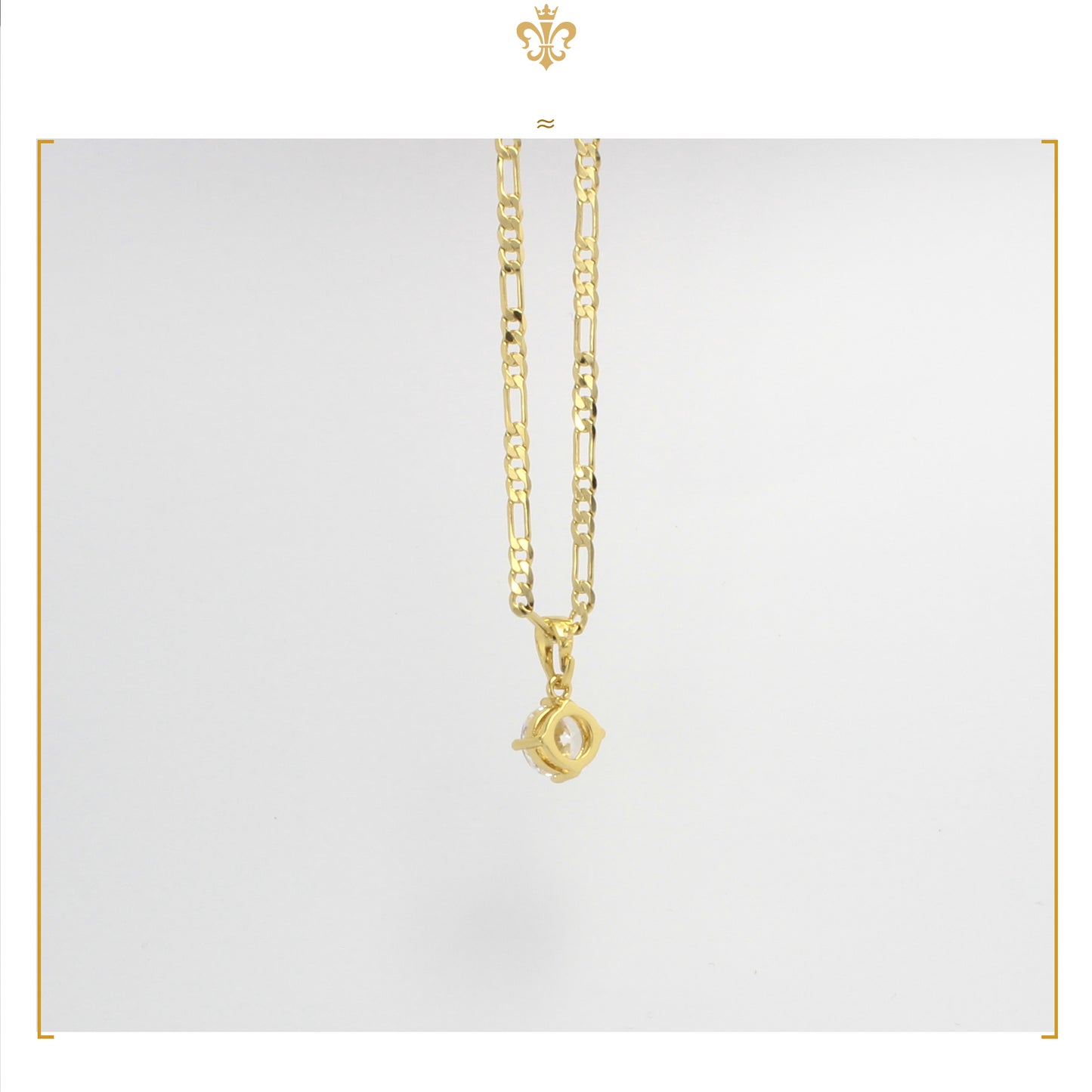 cadena tipo figaro con dije solitario de cristal diamante en oro laminado 24k para mujer