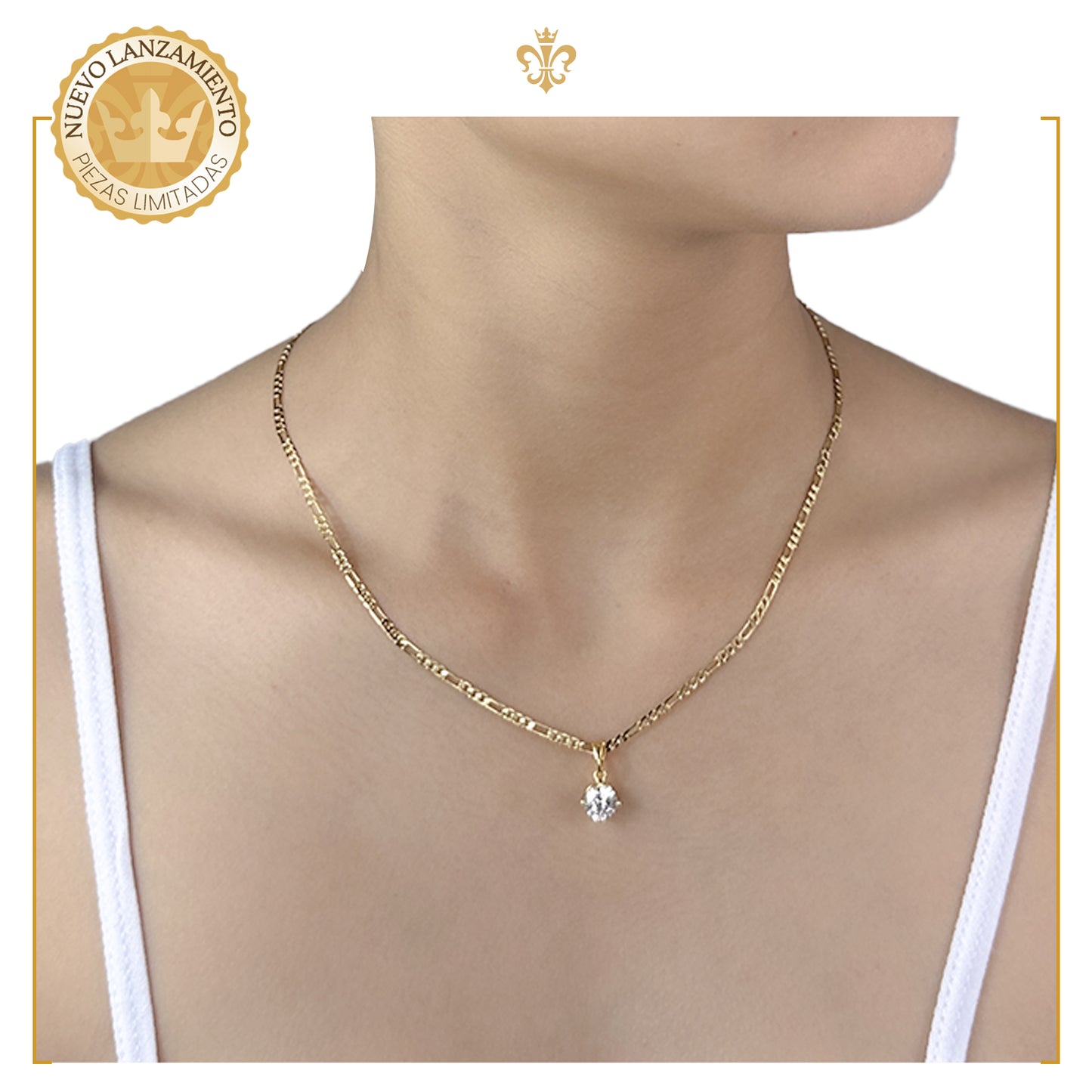 cadena tipo figaro con dije solitario de cristal diamante en oro laminado 24k para mujer