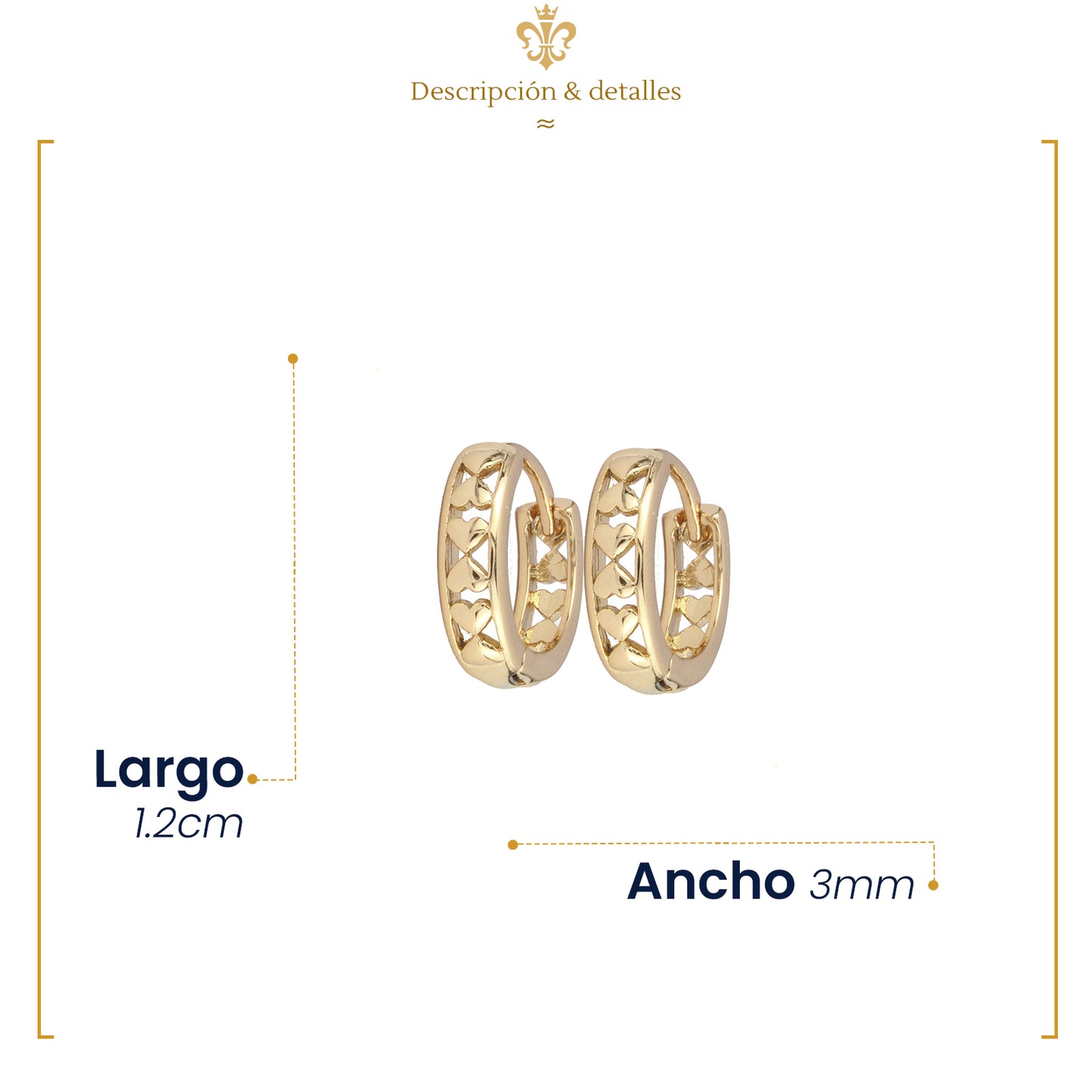 Aretes Dama Corazones Lisos Dorados Huggies Diamantados