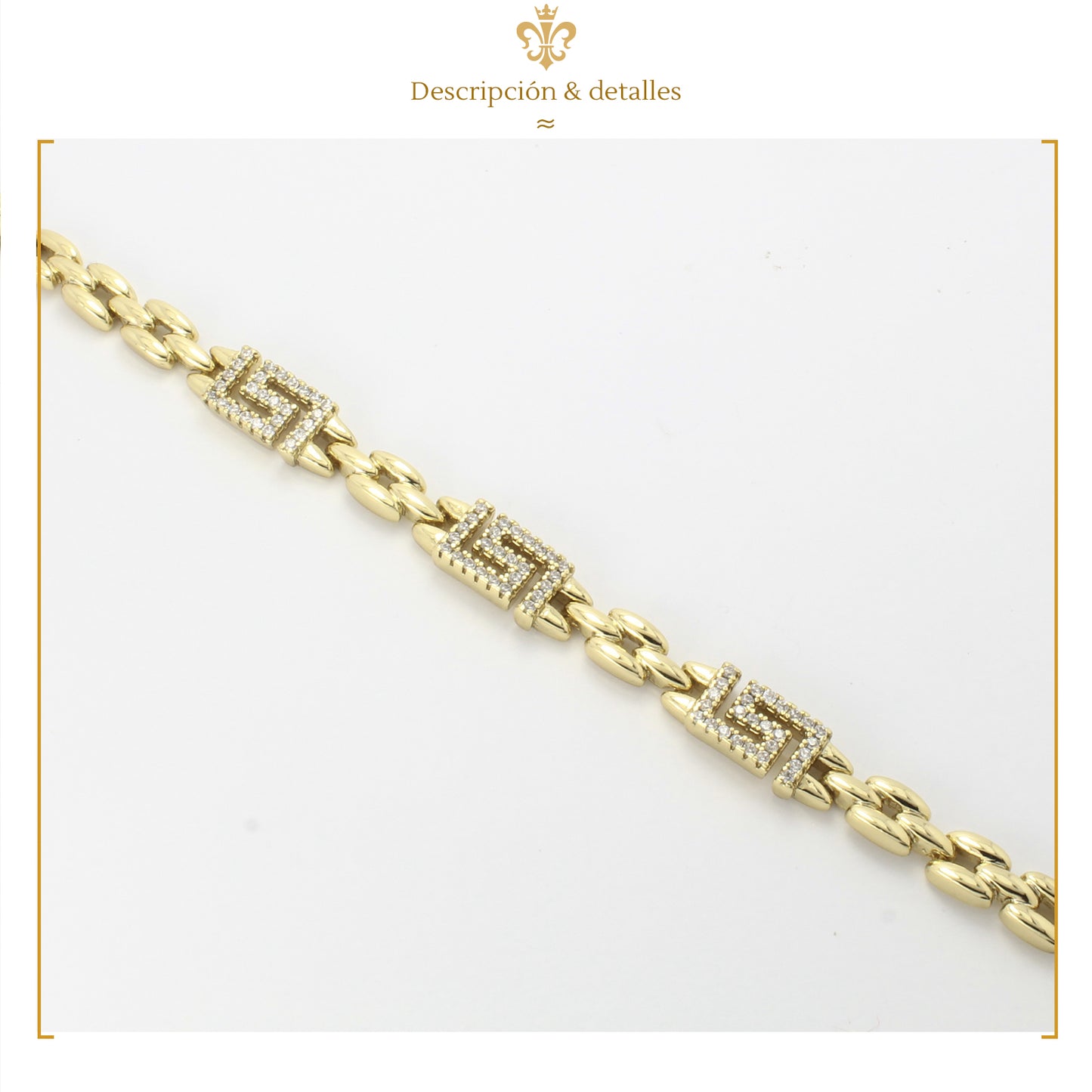 Esclava Pulsera De Placa con Grecas Diamantadas Para Mujer En Oro Laminado 14K