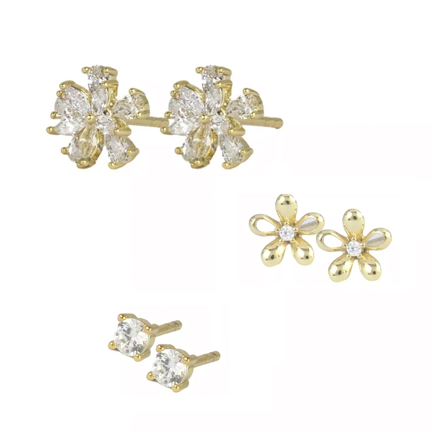 juego de 3 aretes flores con cristales en oro 14k laminado para dama