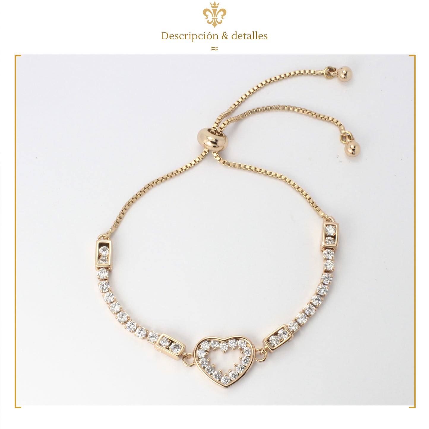 Pulsera Esclava Corazón Para Mujer Ajustable De Oro Laminado 18k Con Cristales