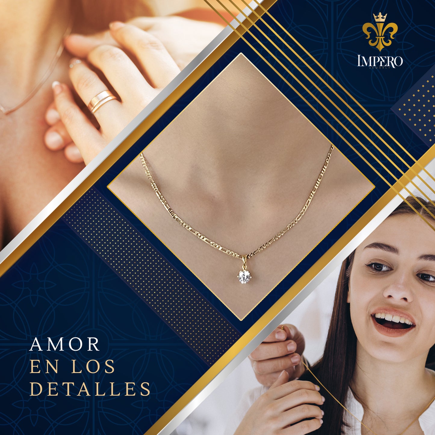 cadena tipo figaro con dije solitario de cristal diamante en oro laminado 24k para mujer