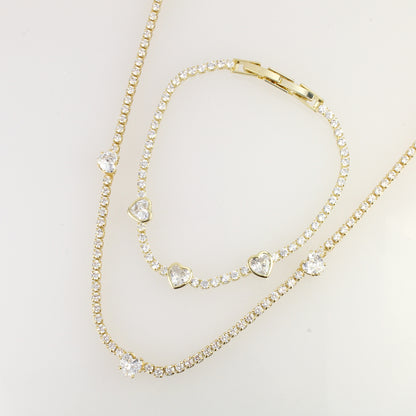 Set Collar Con Pulsera De Diamantes Corazón En Oro Lamin 14k