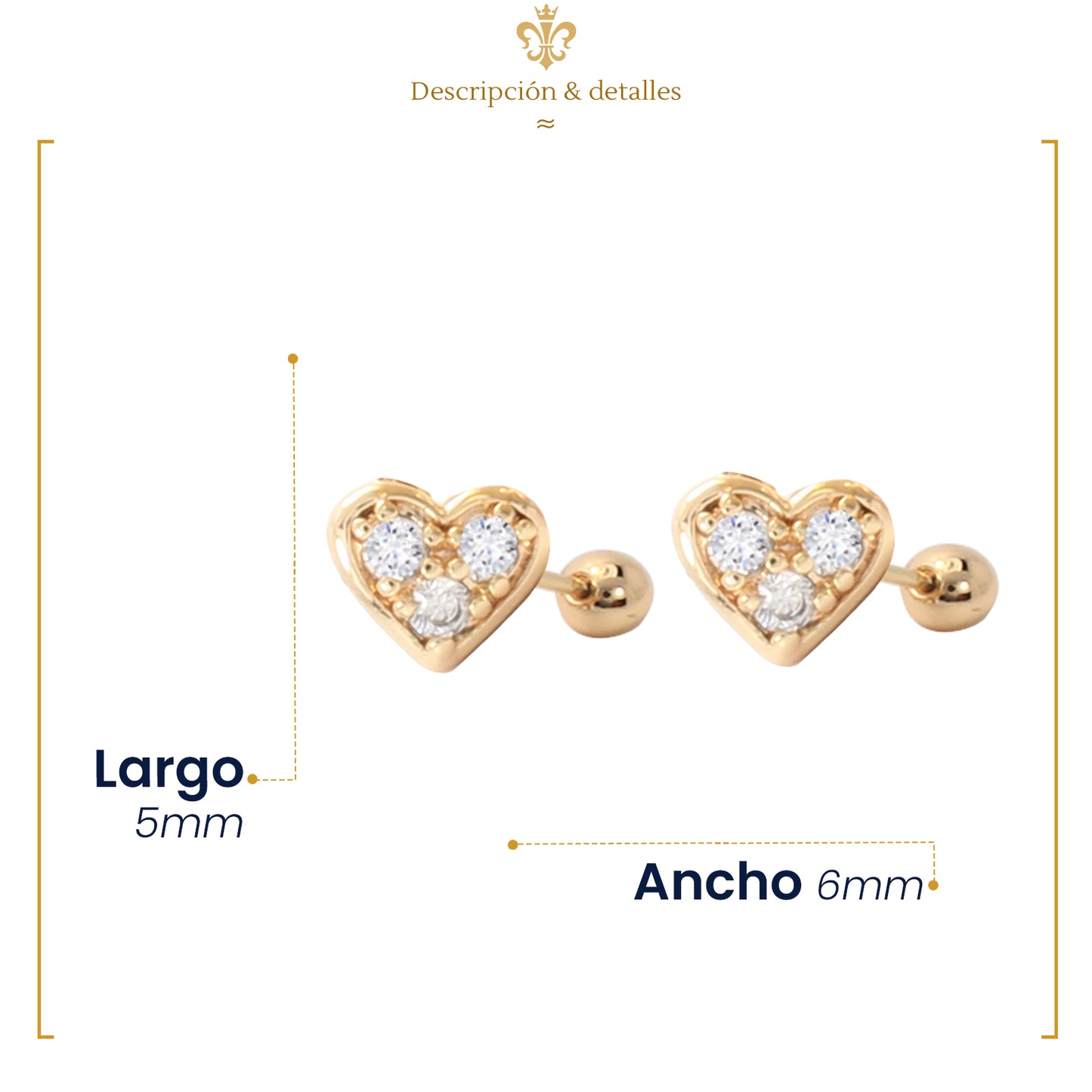 Aretes Broquel De Corazón Con Bolita De 5mm Oro Laminado 18k