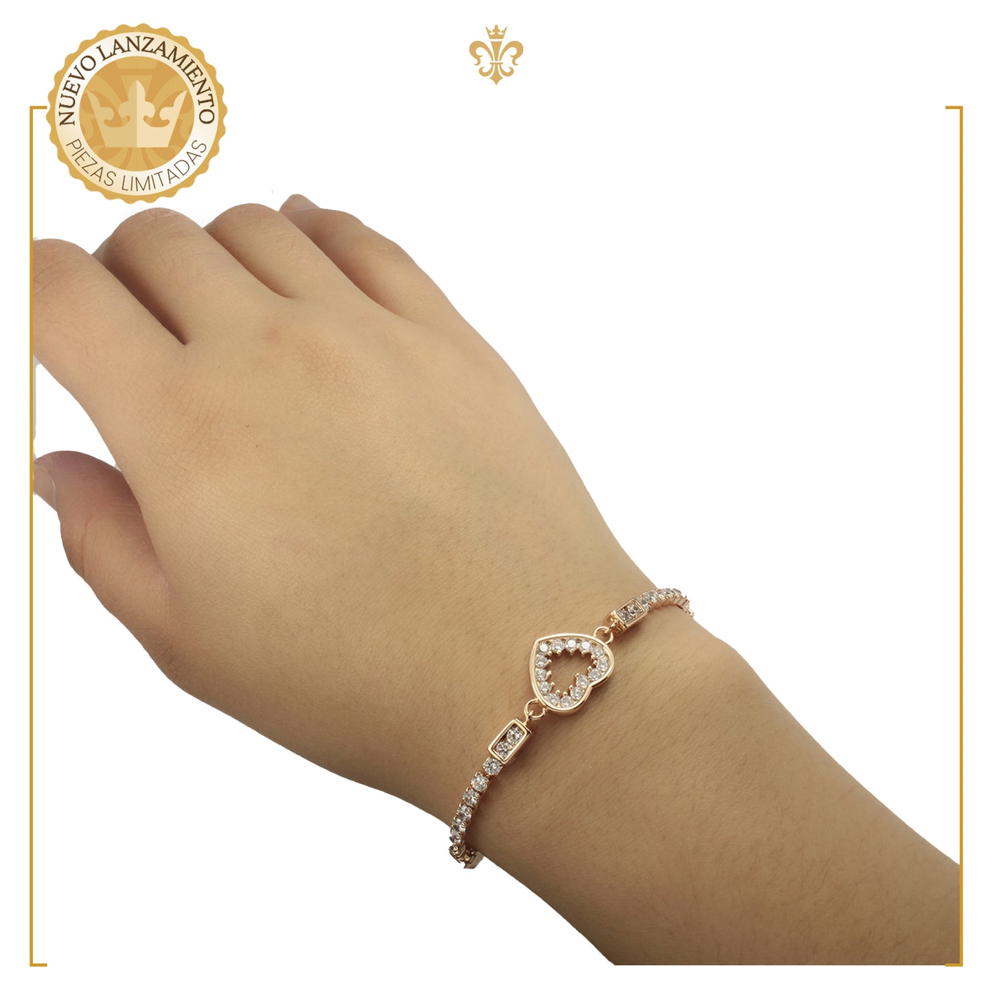 Pulsera Esclava Corazón Para Mujer Ajustable De Oro Laminado 18k Con Cristales