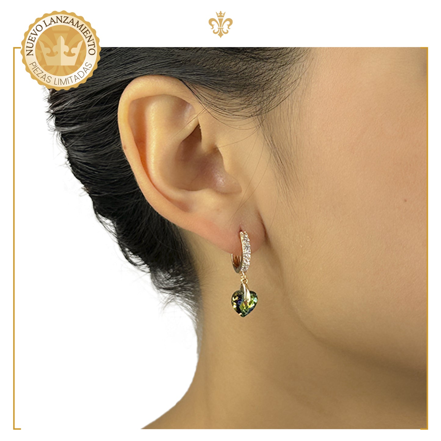 Aretes Arracaditas De Corazón Diamante Con Cristales Oro Laminado 18k