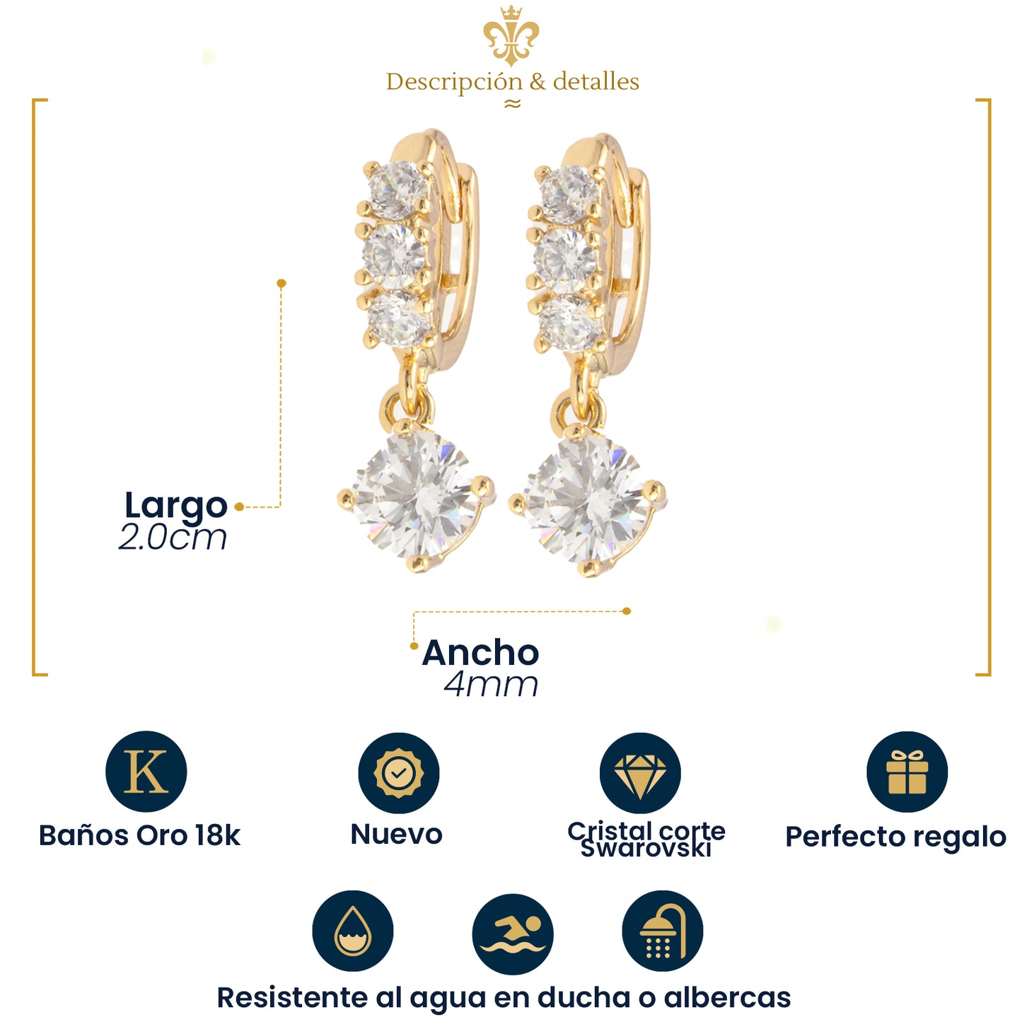 aretes huggies colgantes con cristales para mujer en oro laminado