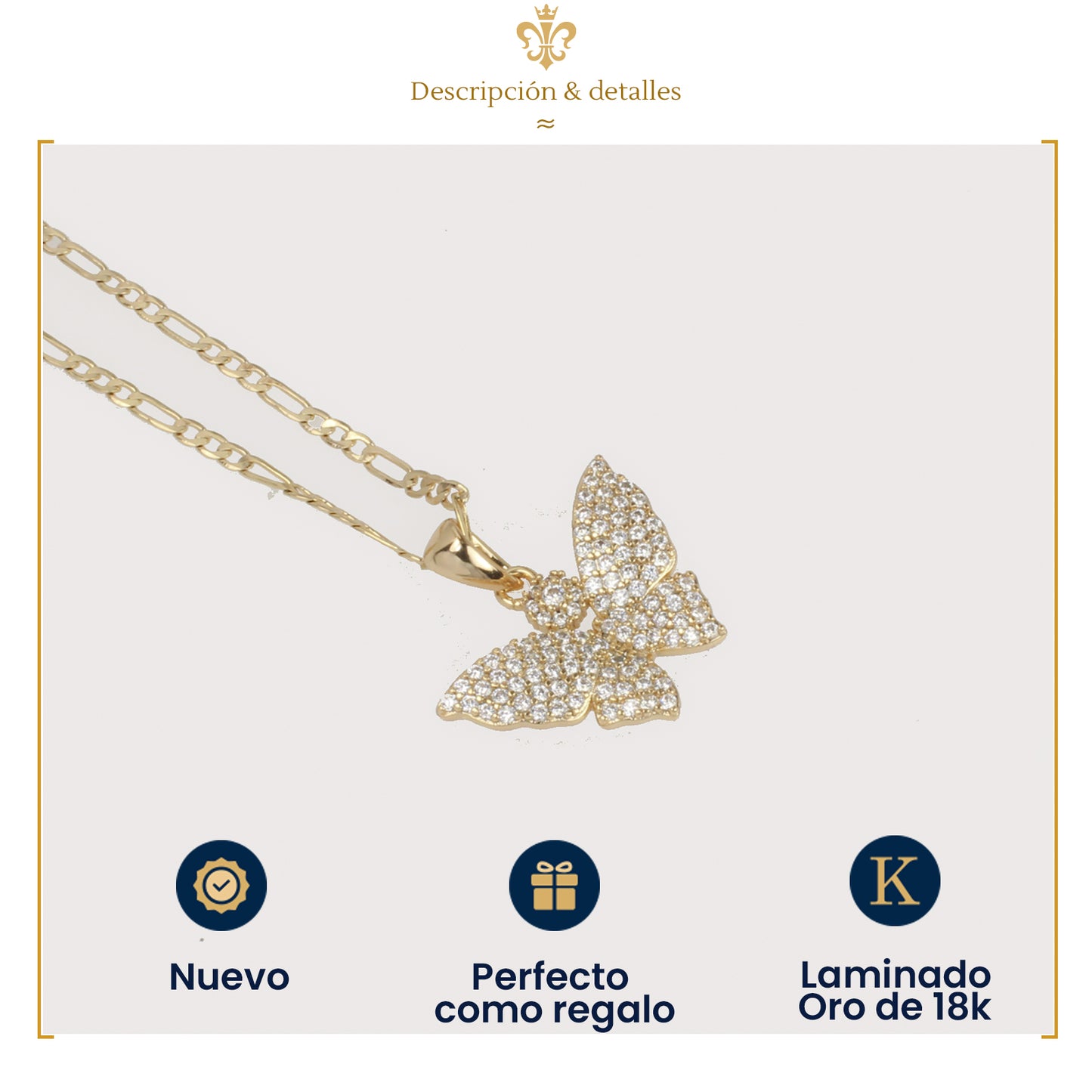 collar con cadena delgada en oro laminado con dije de mariposa diamantada dorada y cristales para mujer