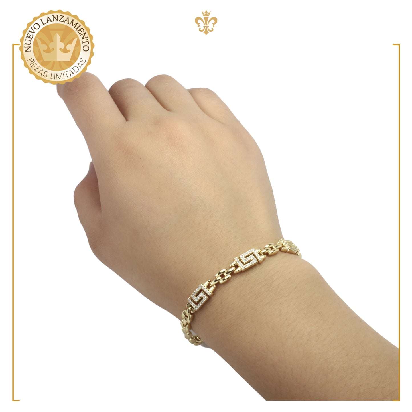 Esclava Pulsera De Placa con Grecas Diamantadas Para Mujer En Oro Laminado 14K