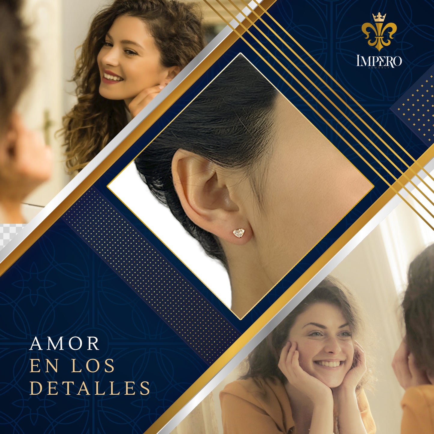 Aretes Corazón Broqueles De Bolita Con Cristales Oro Lam 18k